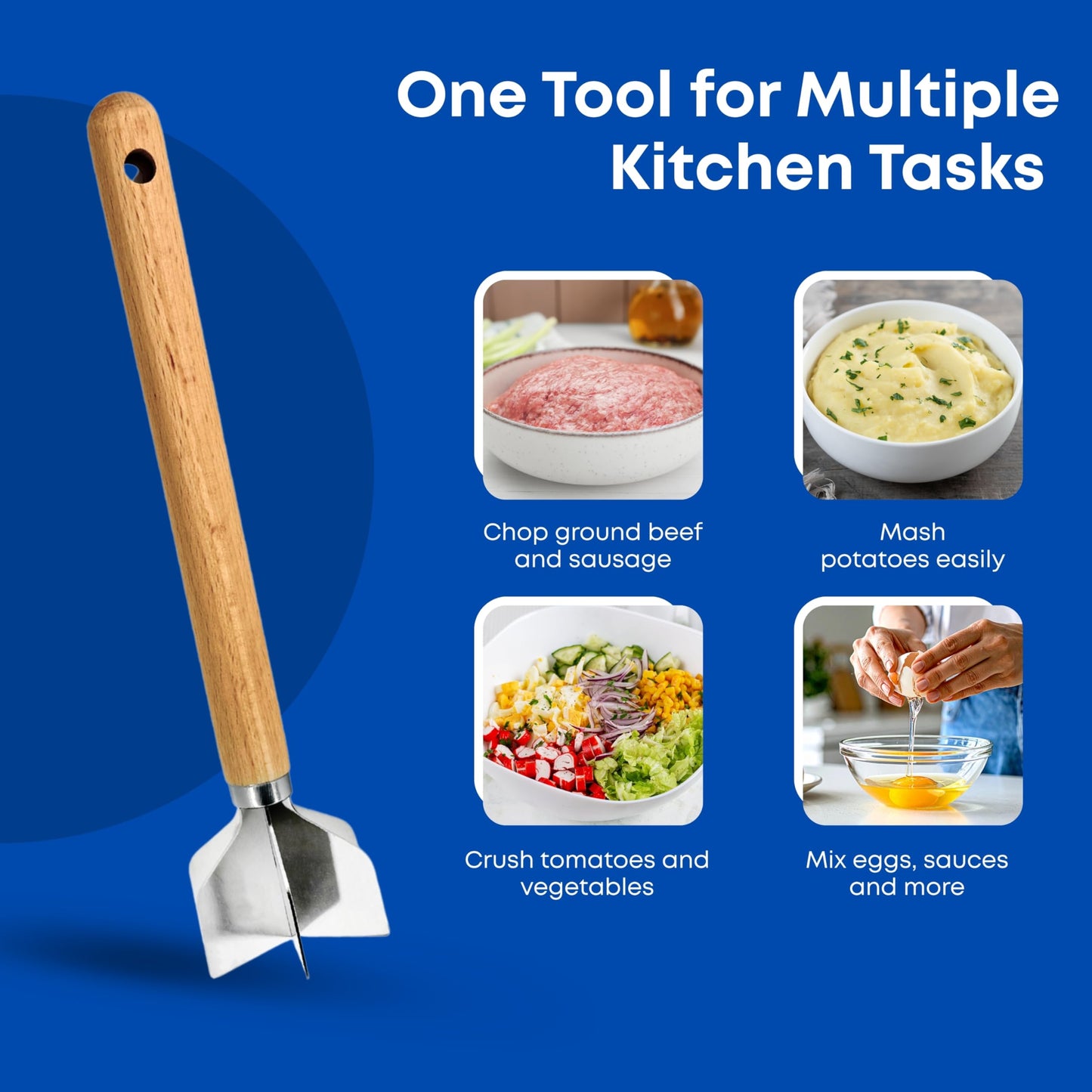 11" Stainless Steel Meat Chopper with Wooden Handle, Heavy Duty 6-Blade Ground Beef & Potato Masher, Heat Resistant Kitchen Tool for Nonstick Cookware