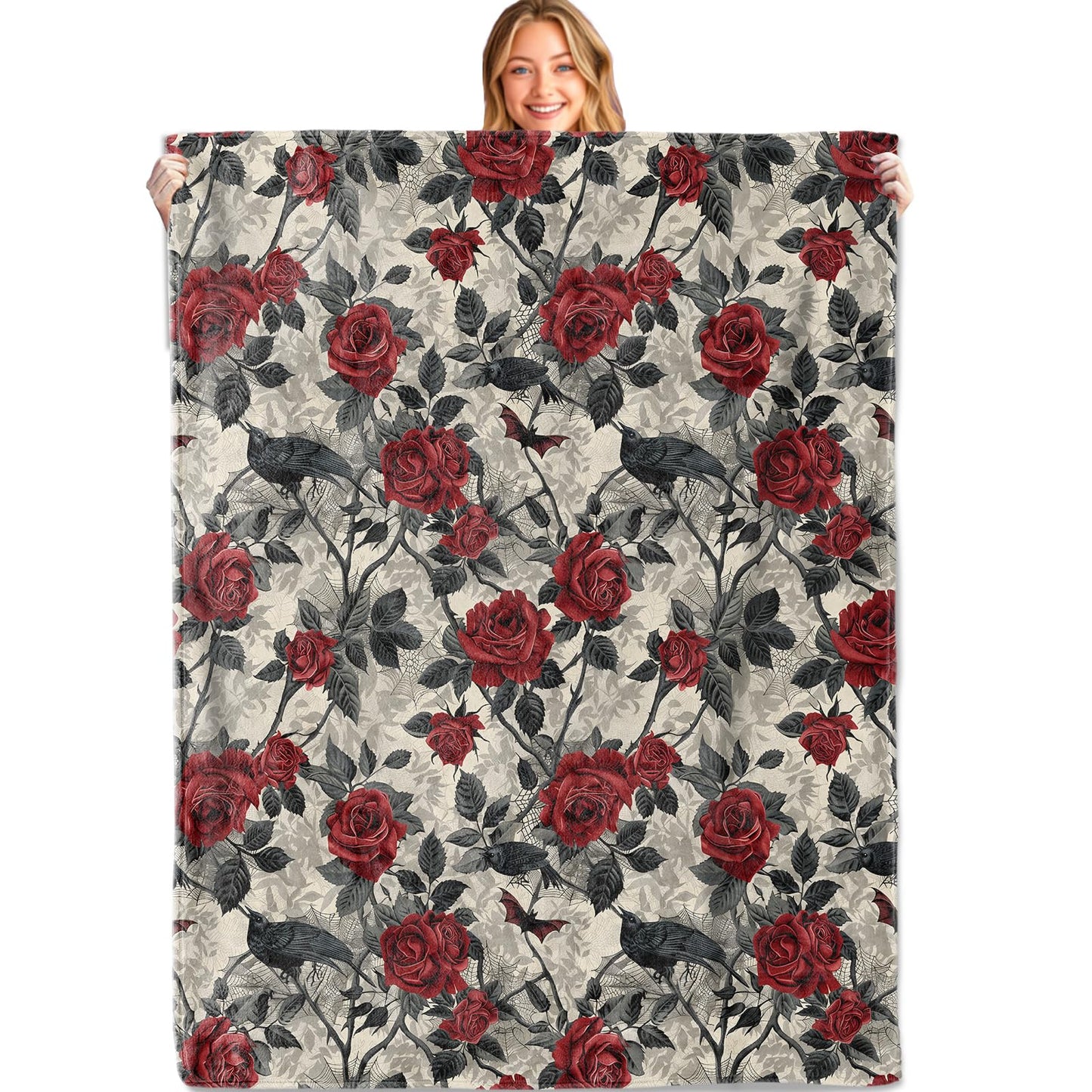 MIEPOS Gothic Rose Crow Throw Blanket, 50x60in, Soft, Lightweight Flannel,Dark Floral Halloween Throw with Red Rose Raven Bat Blankets, Horror Gifts, for Goth Home Living Room Decor