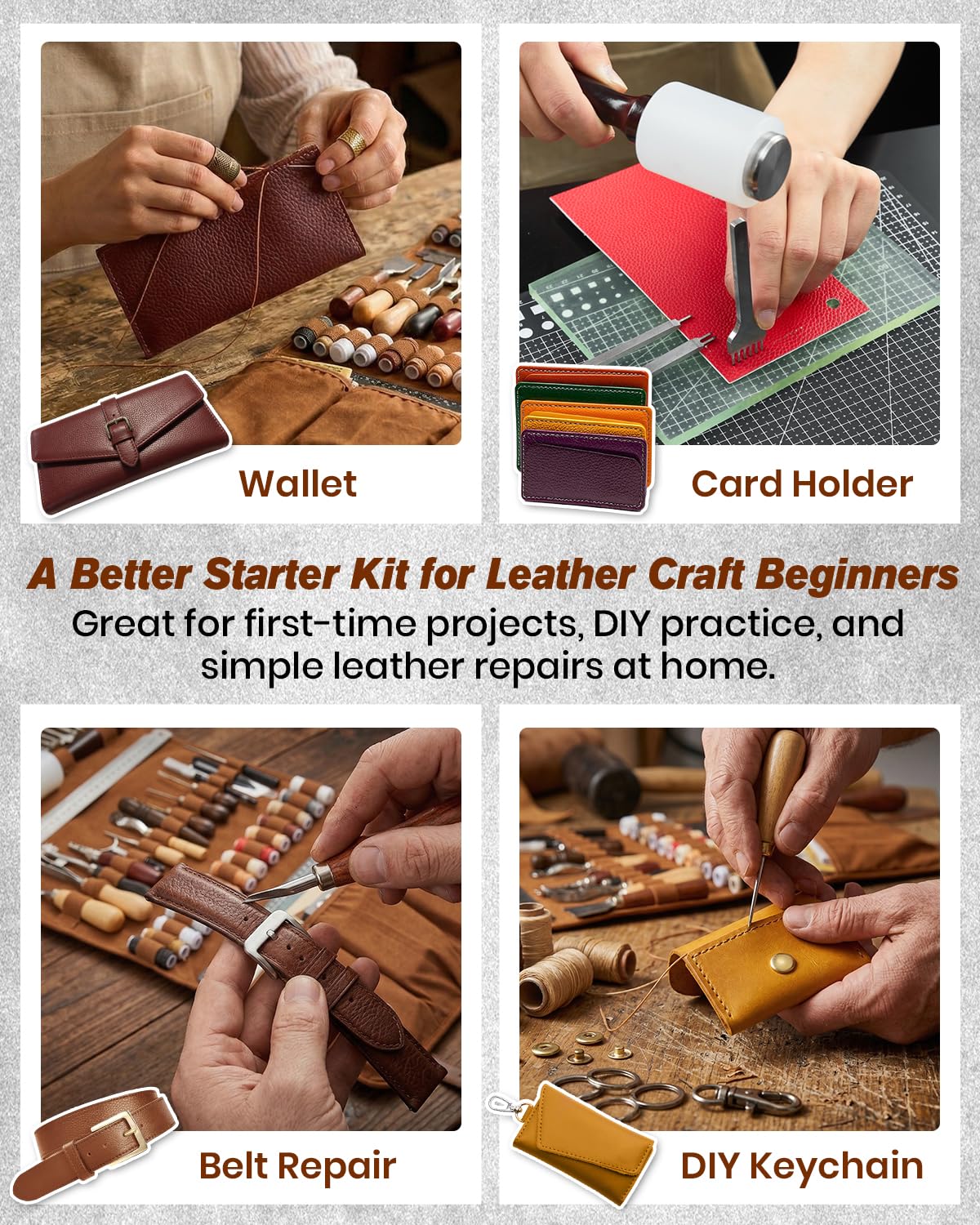 SAKERNEO Leather Working Tools kit Max Version with Custom Handbag Cutting Mats Engraving Punching Sewing Stamping Sanding Tools for Handicraft Work,Repair