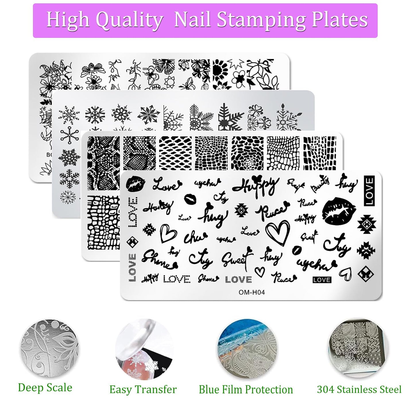 Nail Stamper Plate Kit, 4x Nail Stamping Plates +Dual-end Silicone Nail Art Stamper +Scraper, Snowflake & Spring Butterfly Flowers &Leopard Snake & Kiss Heart, DIY Design Manicure Salon Home, BlueZOO