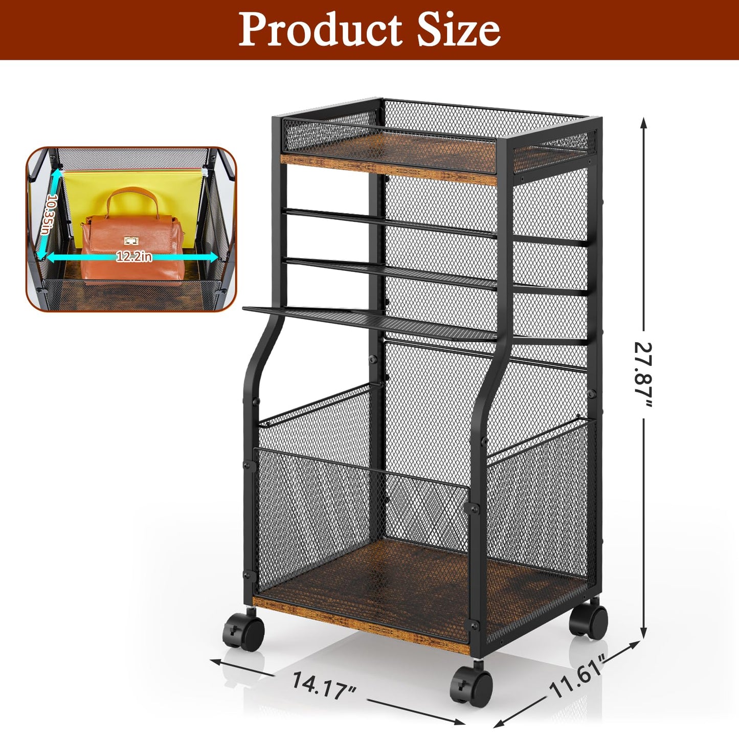 5-Tier Rolling File Cart with Lockable Wheels, Mobile Desk File Organizer Hanging File Folders Paper Letter Sliding Trays, Black Wood & Mesh Hanging Folder Drawer Organization for Office, Home, School