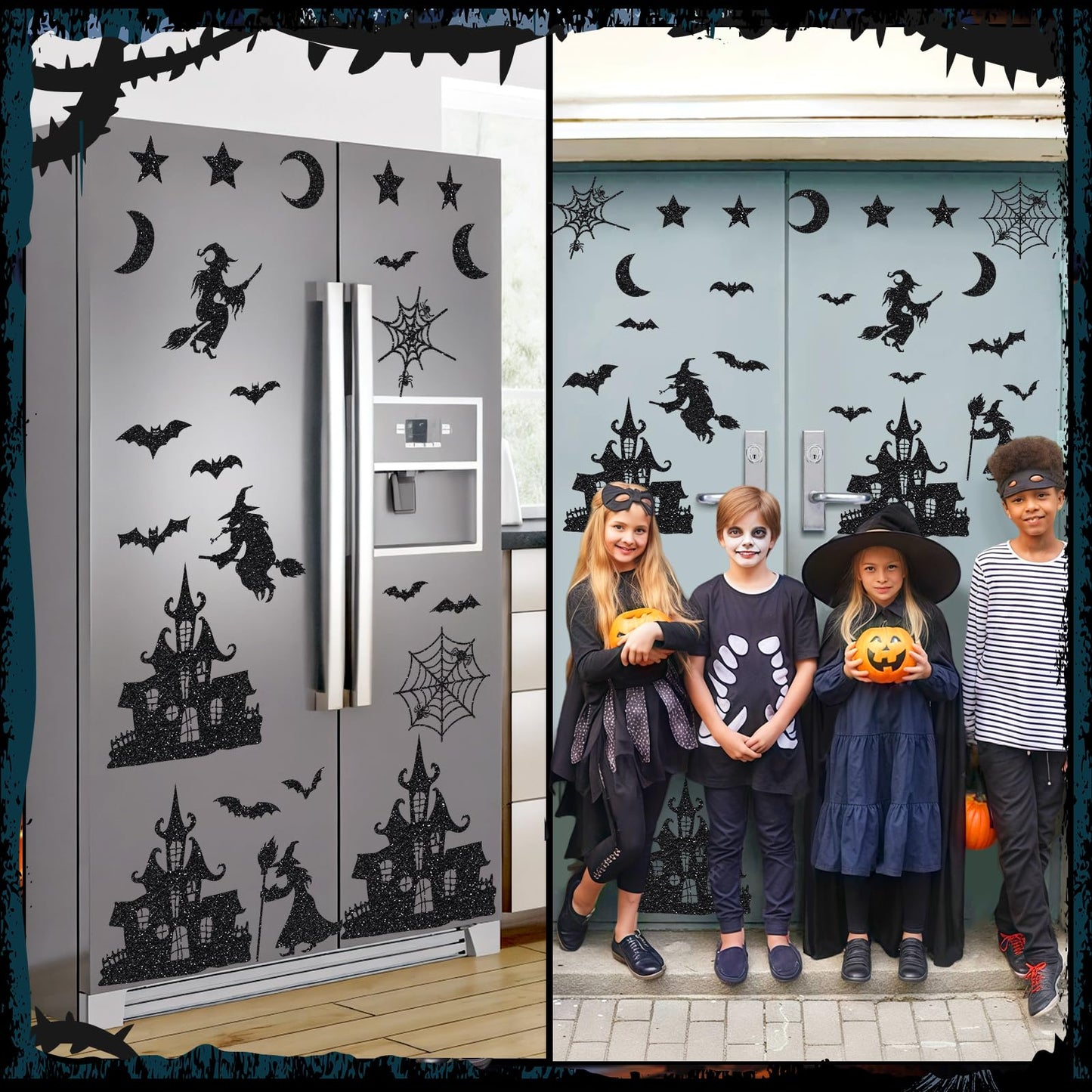24PCS Glitter Black Halloween Witch Bats Magnetic Stickers Spider Web Castle Refrigerator Decal Outdoor Magnets for Fridge Garage Door Car Decor
