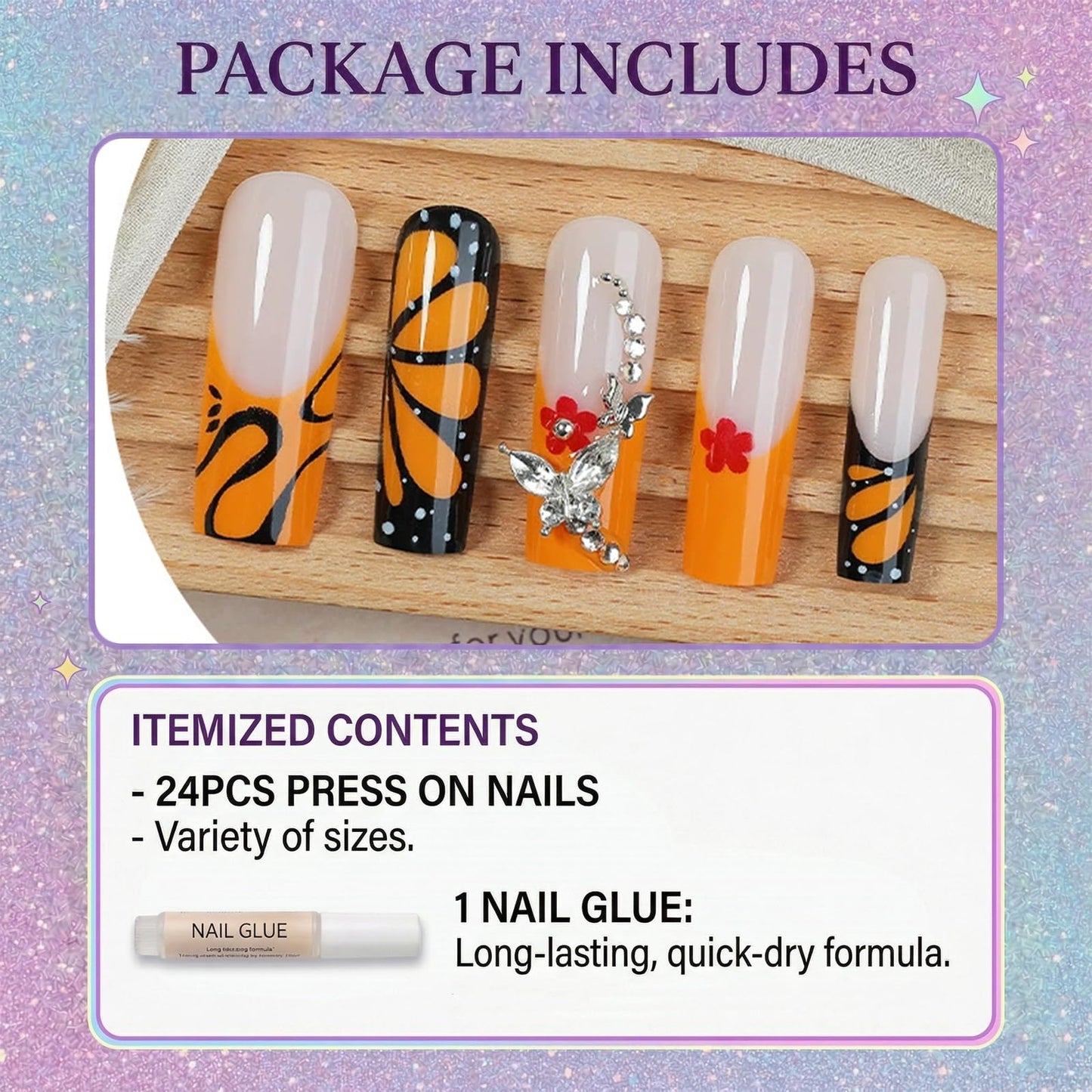 IMSOHOT Long Square Press on Nails, Long Fake Nails, Orange Monarch Butterfly Rhinestone Design, 24 Pcs Reusable Glue on Nails for Women, Salon Quality