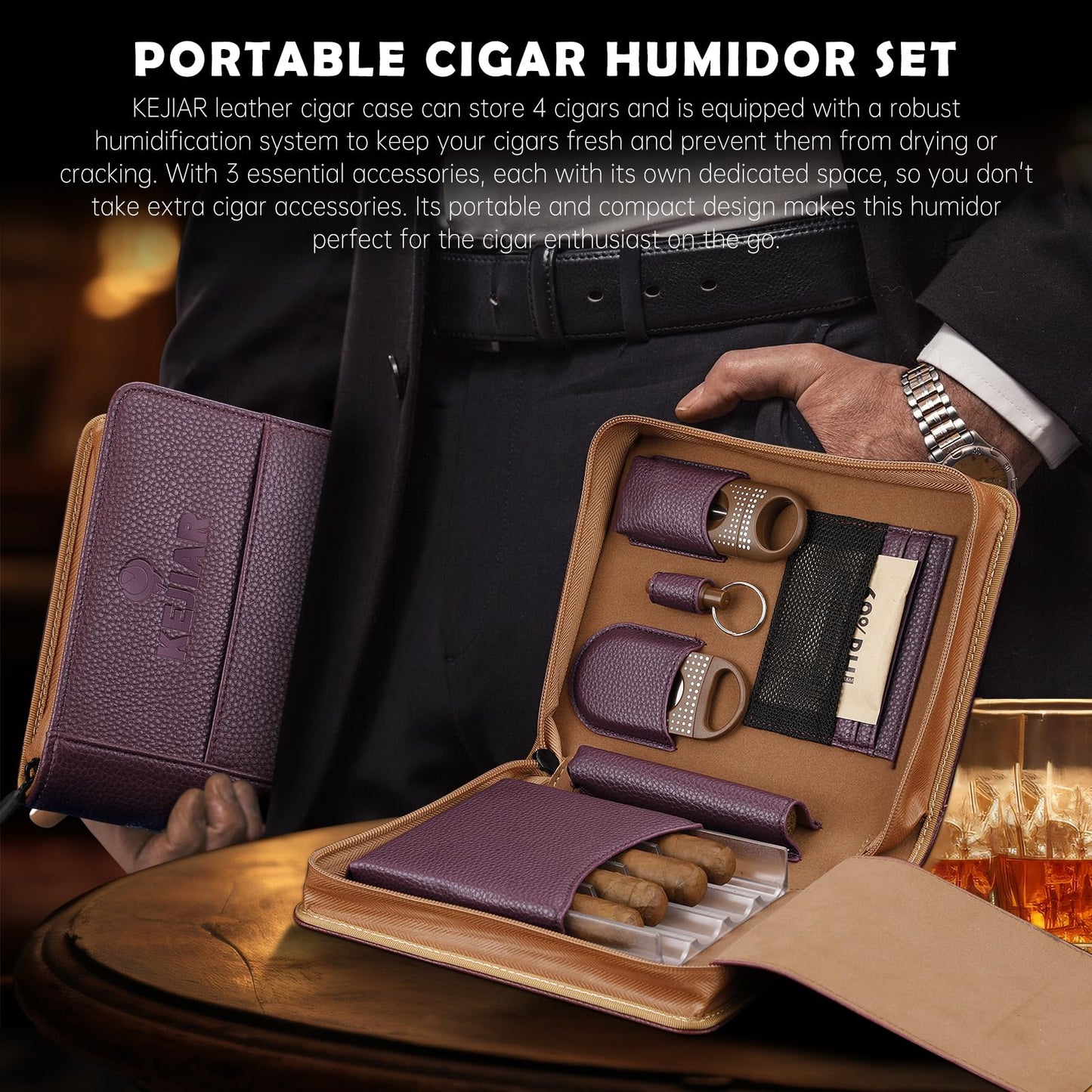 KEJIAR Travel Cigar Humidor Set, Humidor Cigar Box with V Cutter, Straight Cutter, Hole Puncher, Two-Way Humidity Control Packs, Leather Holder Case with Cigar Accessories Kit (Purple)