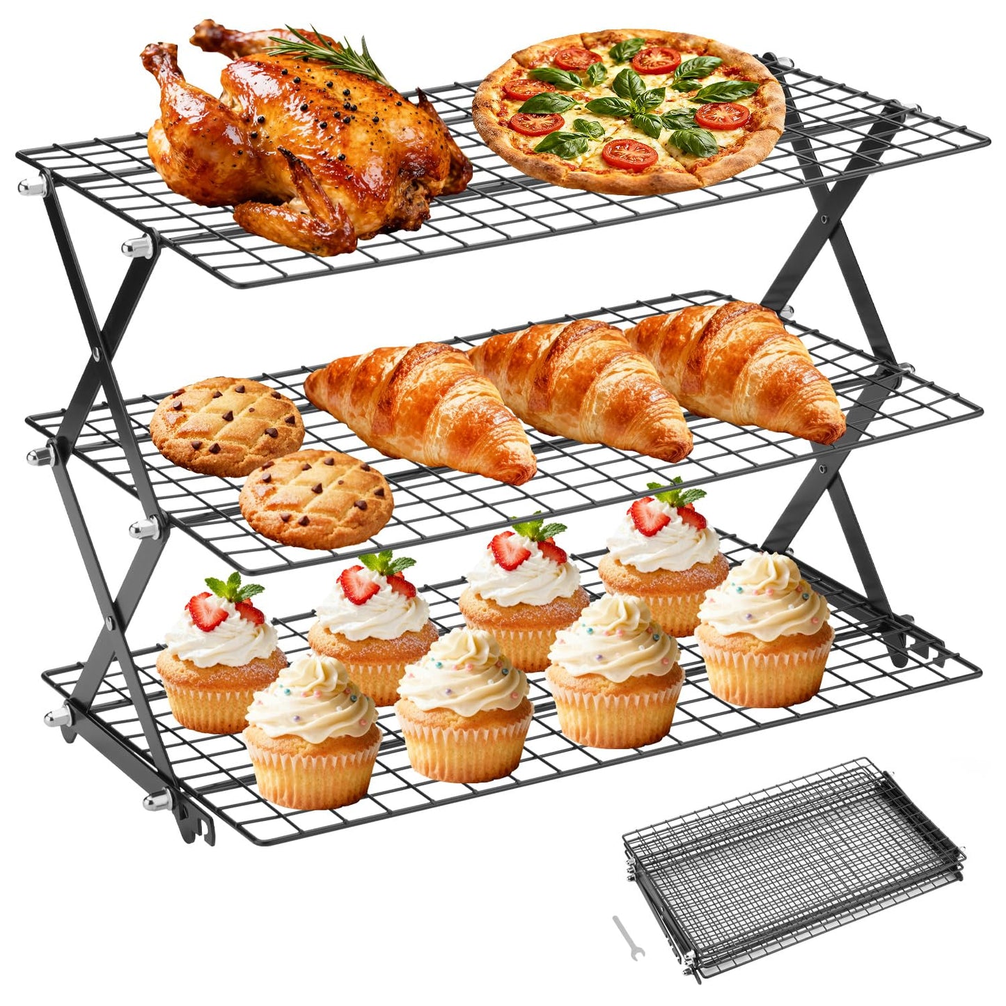 3-Tier Stackable Cooling Rack for Baking, Collapsible Wire Cookie Rack with Adjustable Heights, Non-Stick Roasting & Drying Rack for Cupcakes, Pies and Pastries, Space-Saving Kitchen Essential