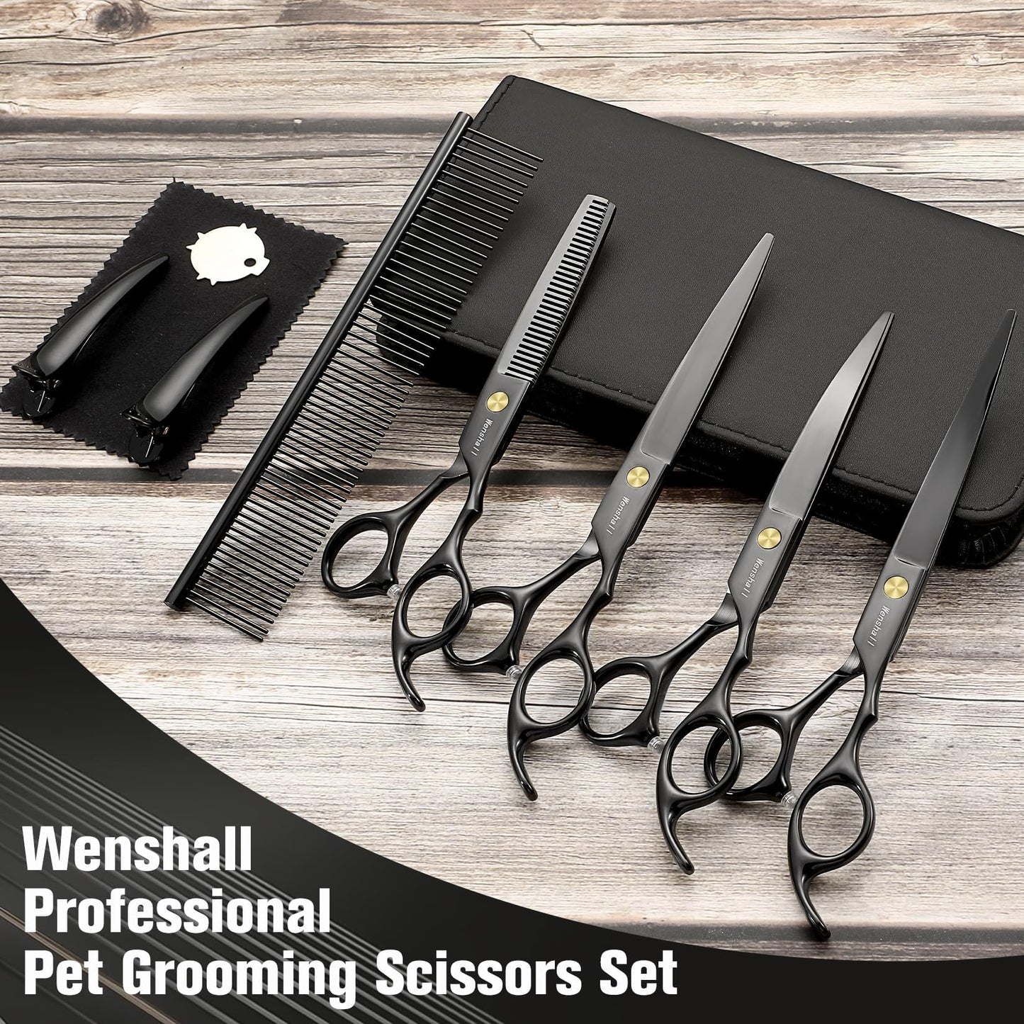 Wenshall Professional Dog Grooming Scissors Set - 6.5" Thinning, 7" Straight, 7" Up-Curved, 7" Down-curved Scissors and Comb for Dog Cat Pet (Black)