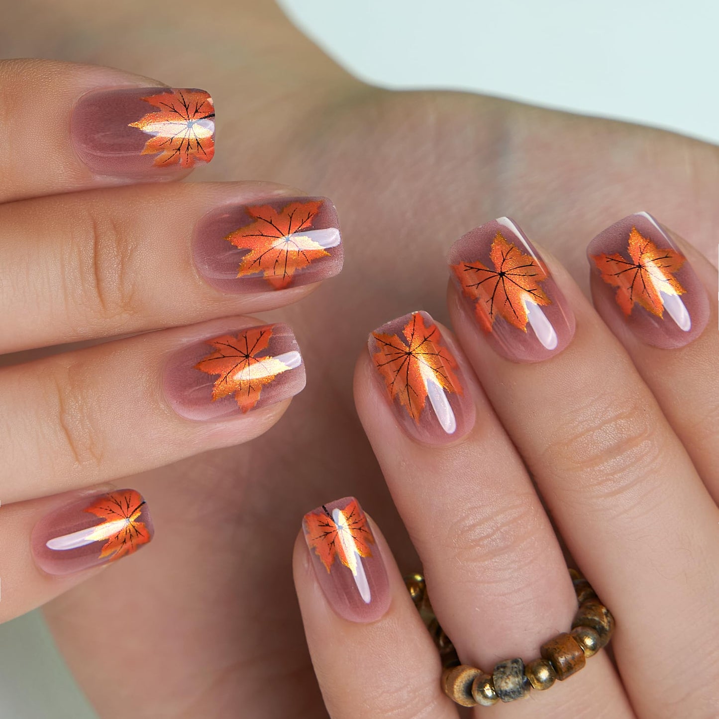 CurvLife Fall Press On Nails Short Oval Maple Leaf Design – Soft Gel Salon Quality False Nails Fake Nails with Glue, Long Lasting Daily Nail Tips for Women