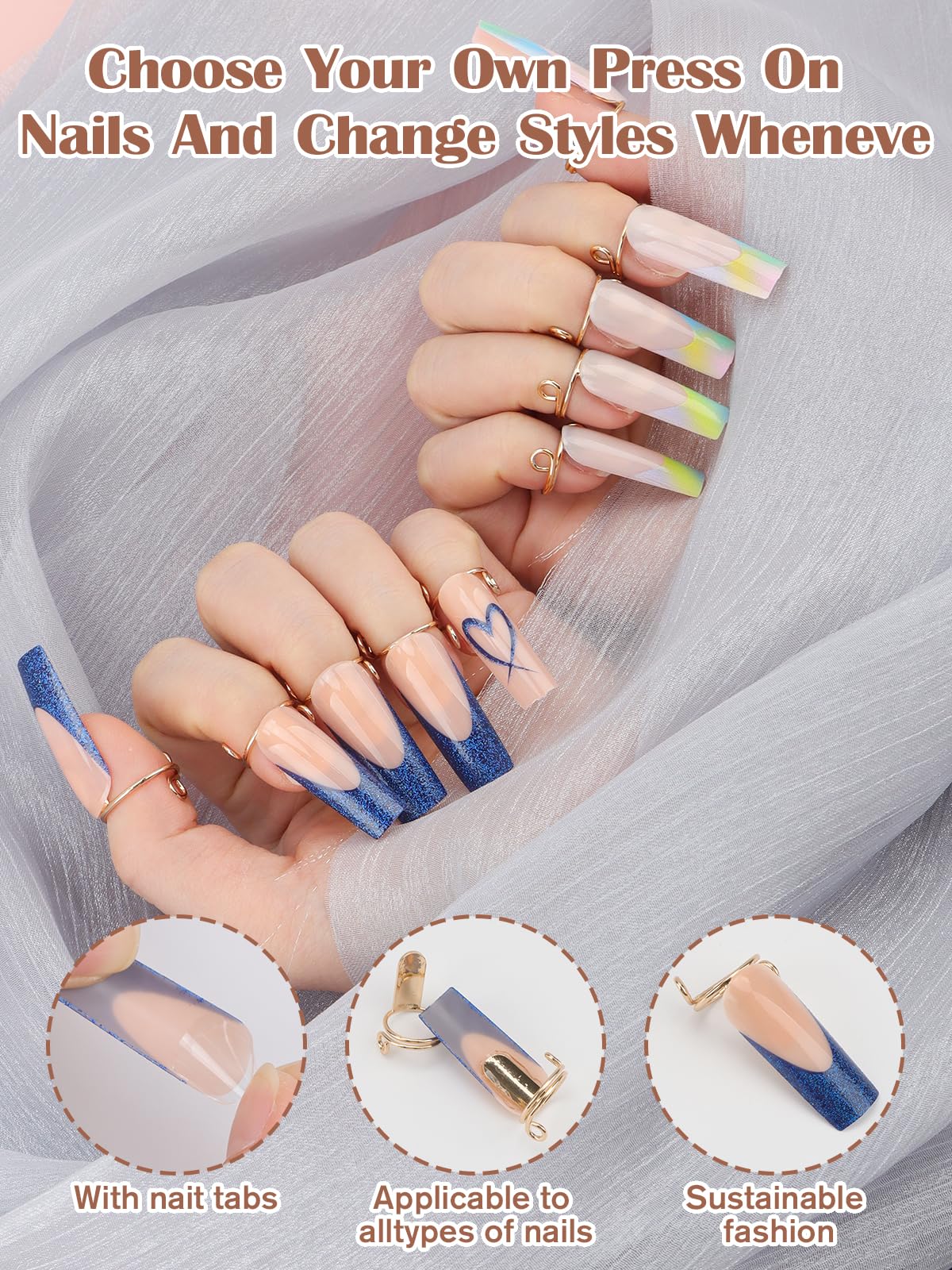 EBANKU 20PCS Wudu Nail Rings, Updated Adjustable Nail Rings Detachable Reusable Women Gift Ring Set with 120PCS Adhesive Nail Tabs for Acrylic Nail Art Decoration Gold