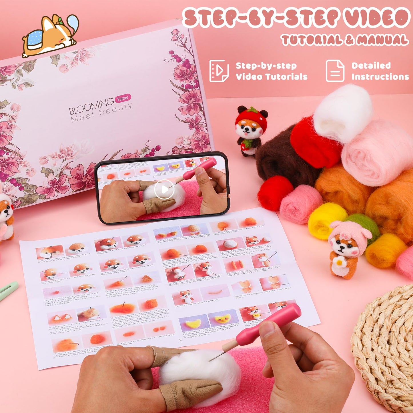 UOOU Needle Felting Kit, Wool Felting Kit with 6 Pcs Colorful Needle Felting Needles and Instructions, Wool Felting Supplies for Adults and Beginners