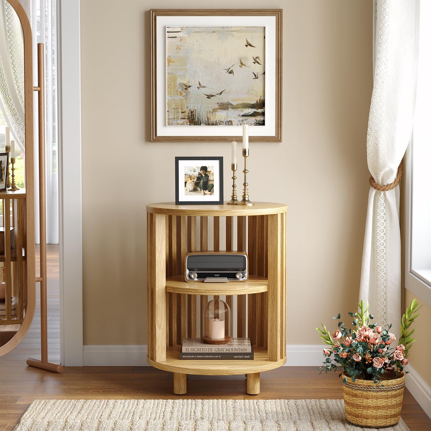 Round End Table, Wood Side Tables, Mid Century Modern Nightstand with 2 Tier Storage, Small Circle Bedside Table for Small Spaces, Living Room, Curved Profile Design, 19.7" Tall, Oak (1-Pack)