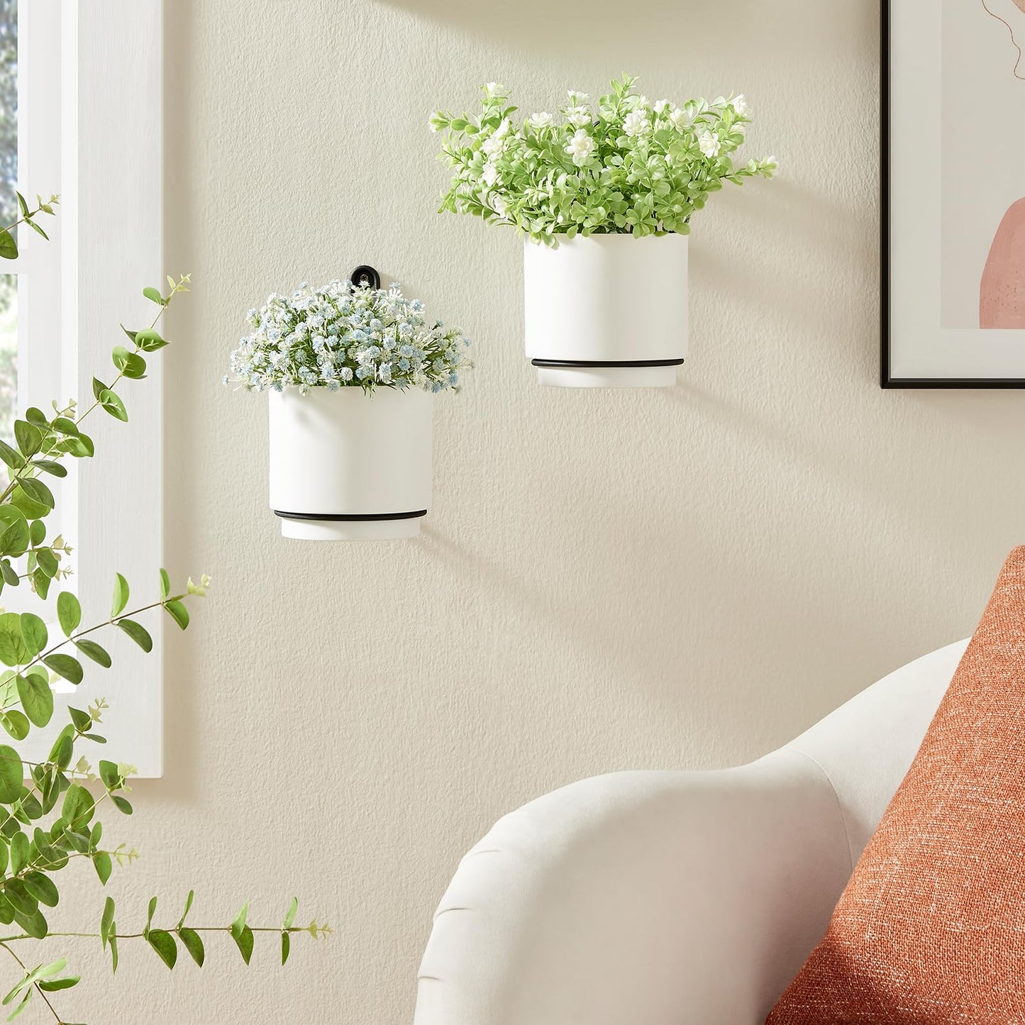 CISEANOL 2 Pcs Wall Mounted Hanging Planter Vase for Indoor and Outdoor Plants Modern Metal Wall and Ceiling Planter Minimalist Flower Pot (White, 5.91 inch)
