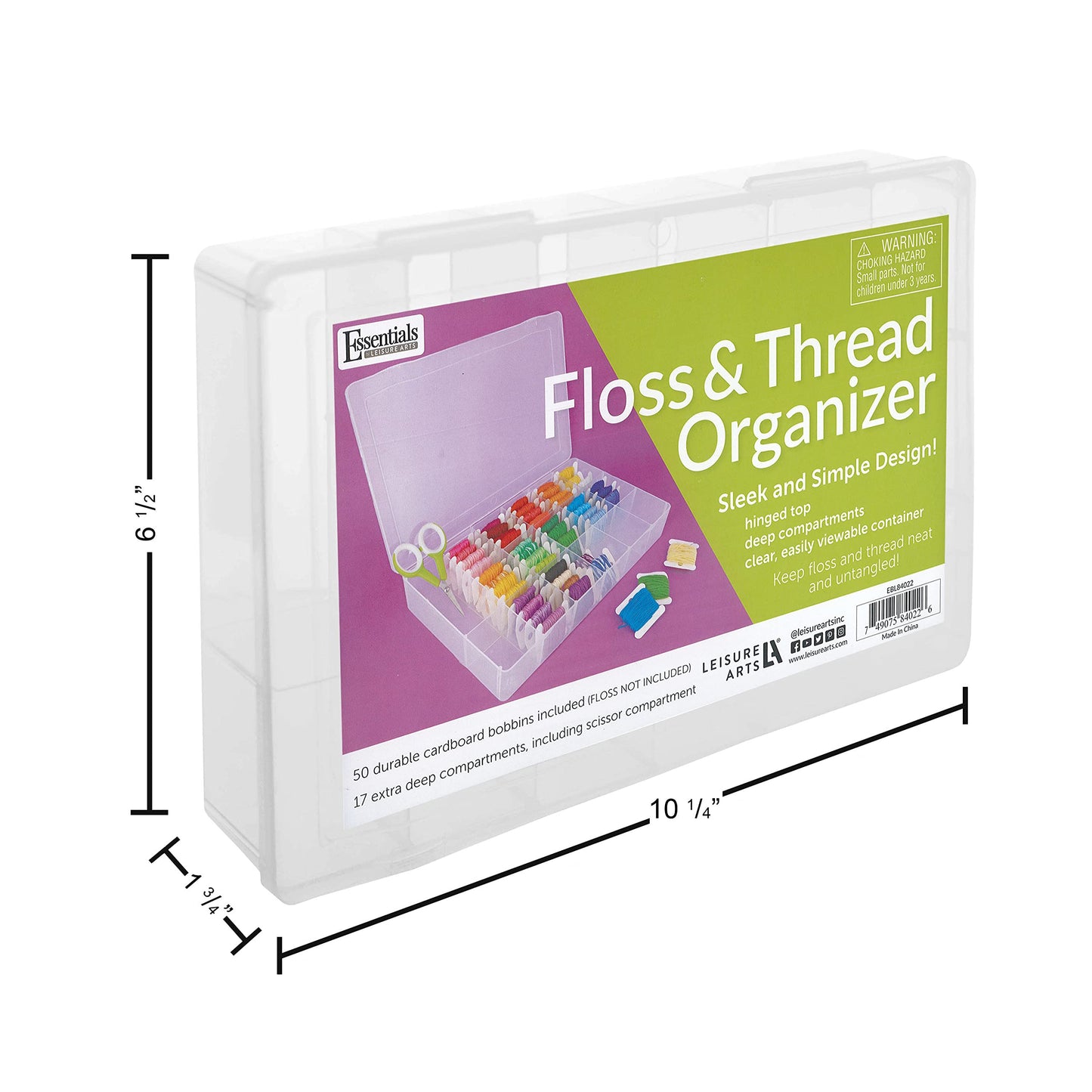 Essentials By Leisure Arts Embroidery Floss Organizer Box with 100 Bobbins, 17 Compartment Clear Storage Case with Living Hinge, Tangle Free Floss Storage, 10.63 x 7.19 x 1.75 Inch
