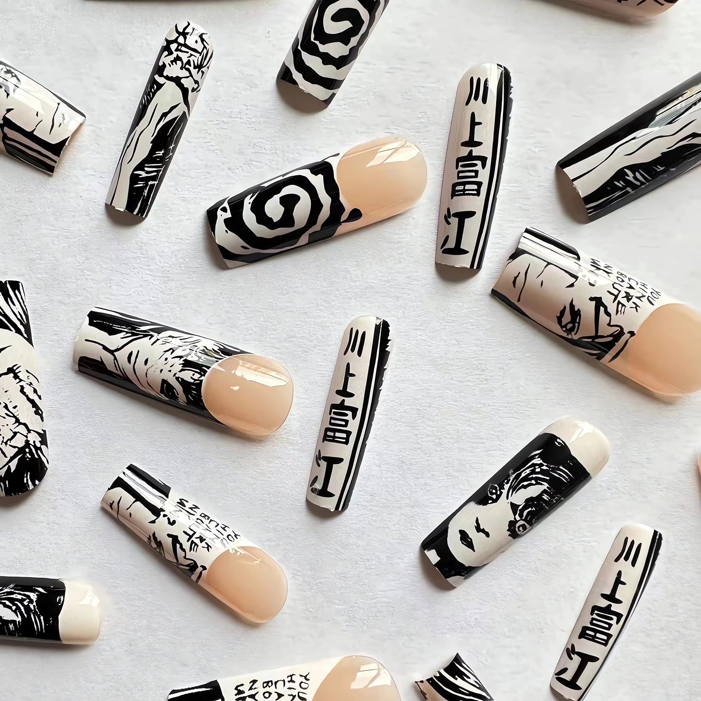 IMSOHOT Long Press on Nails Square French Fake Nails Y2K Black Cartoon Graffiti False Nails Glossy Ballerina Full Cover Acrylic Nails 24pcs