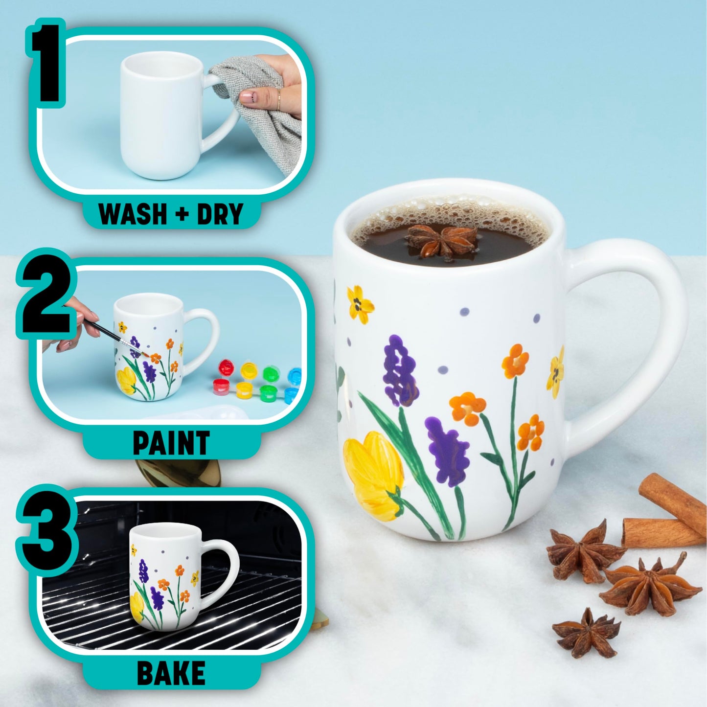 Tulip Painted by Me Ceramic Painting Kit – 4 Paintable Mugs, 8 Food Safe Colors & 4 Brushes, Dishwasher Safe, Paint Your Own Ceramics at Home
