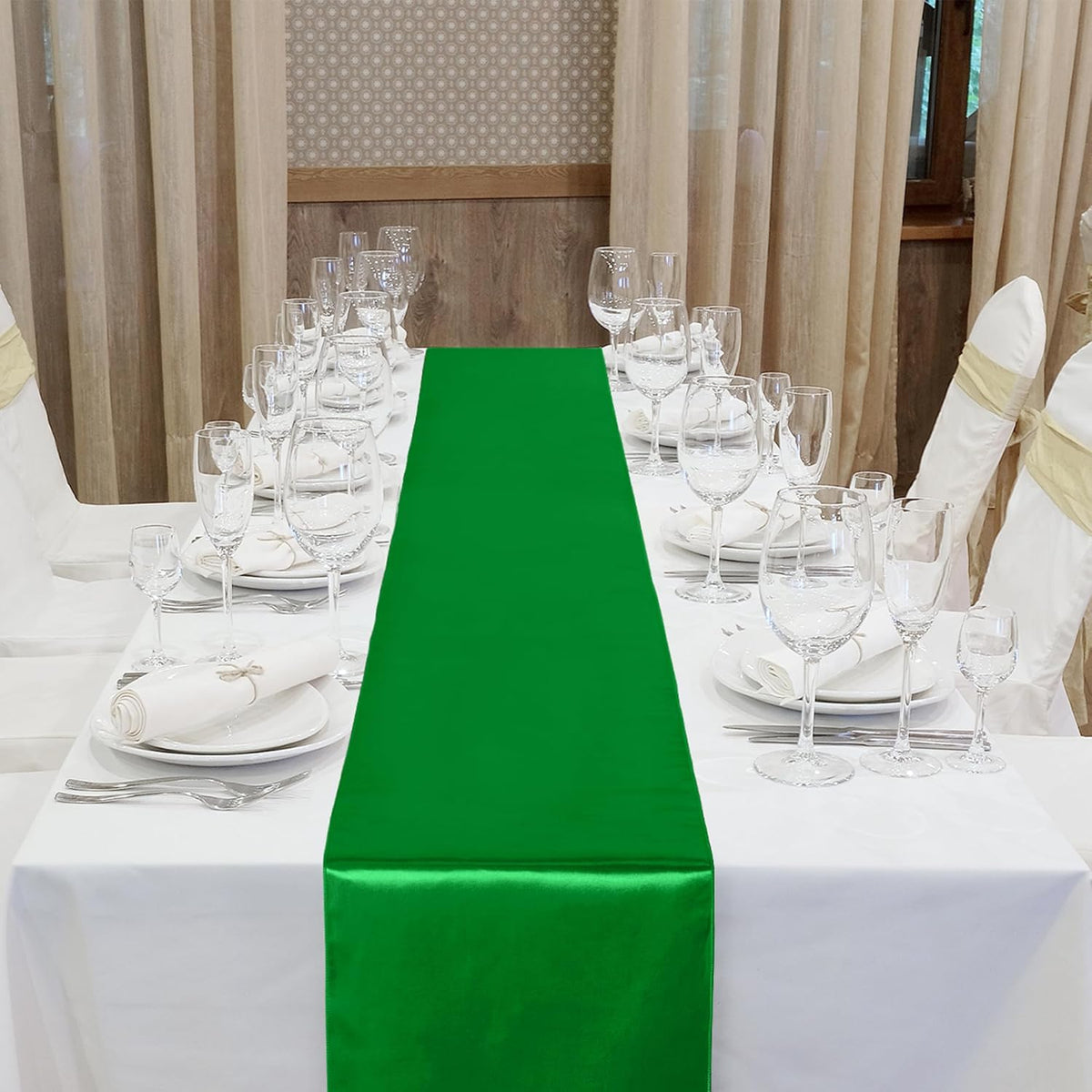 Aneco Satin 12 Pack Table Runner 12 x 108 Inch Emerald Long Wedding Satin Silk Table Runner for Wedding Banquet Graduations Birthday Party Decoration