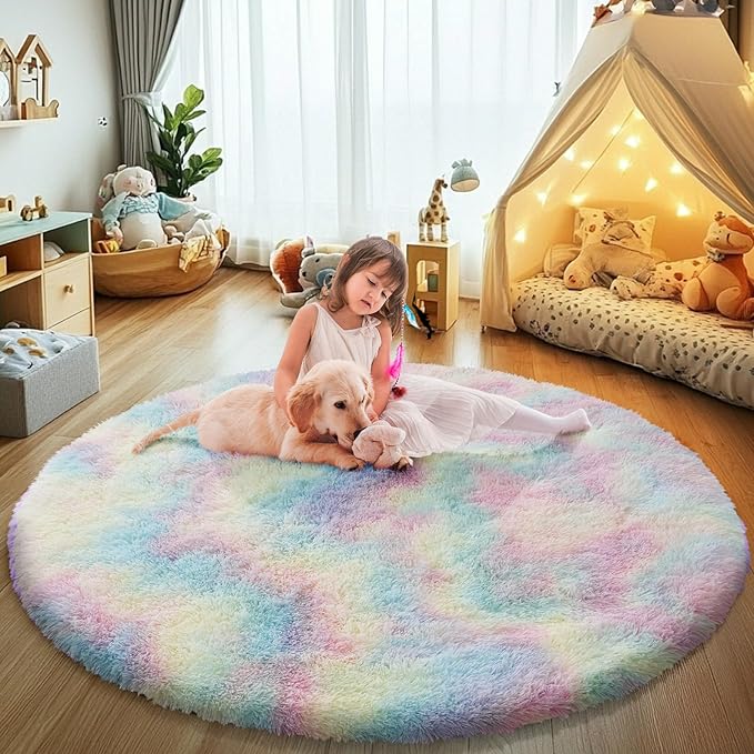 yulidayang Rainbow Fluffy Round Area Rugs for Bedroom,6'X6'Shag Circle Area Rugs for Girls Room,Non Slip Fuzzy Plush Rug for Kids Room Living Room and Dorm Home Decor Rug