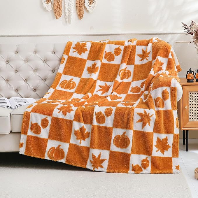 SOCHOW Fall Decor Jacquard Throw Blanket, Fuzzy Soft Warm Pumpkin Maple Leaves Plaid Autumn Checkered Blanket for Couch, Sofa and Bed, 50 x 60 Inches, Orange/White