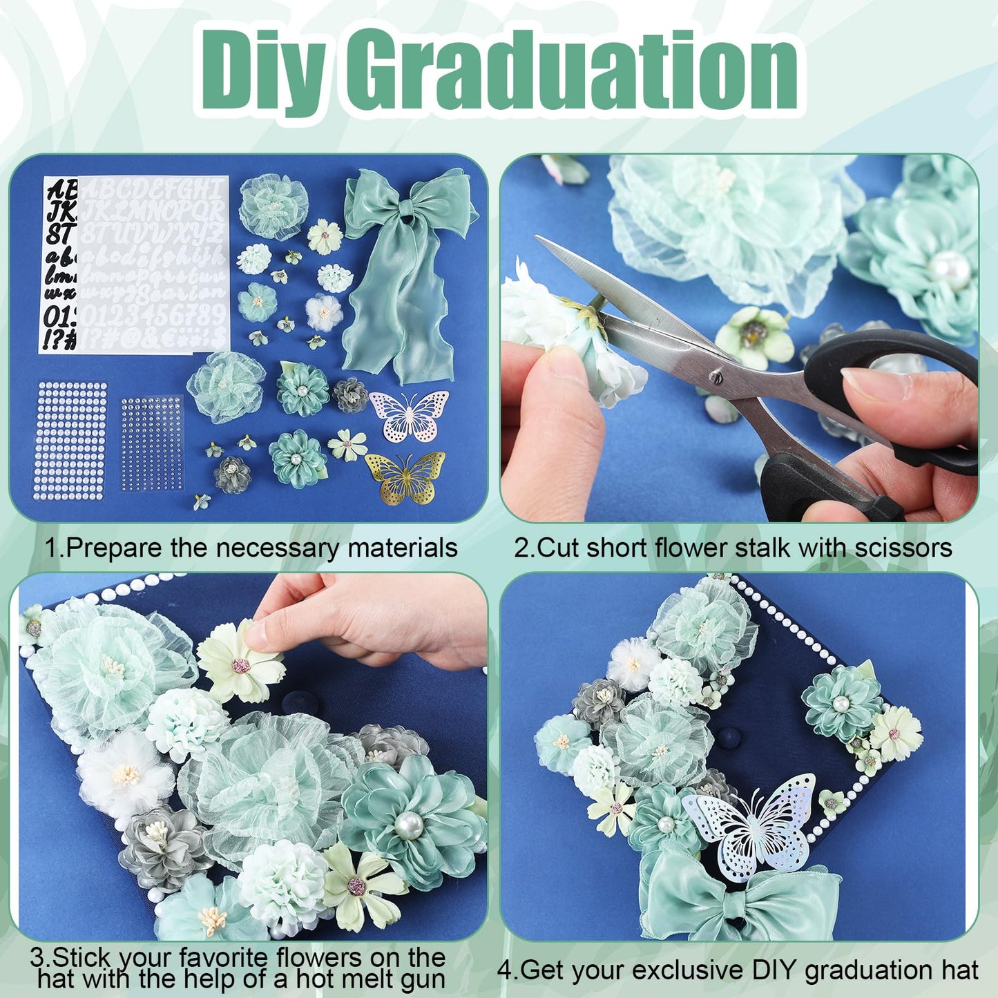 Solsew 35 Pcs DIY Graduation Cap Decorations Accessory Kit, 3D Artificial Flowers, Butterfly & Alphabet Letter Stickers, Pearl Stickers, Bowknot for Grad Hats Decor(Green)