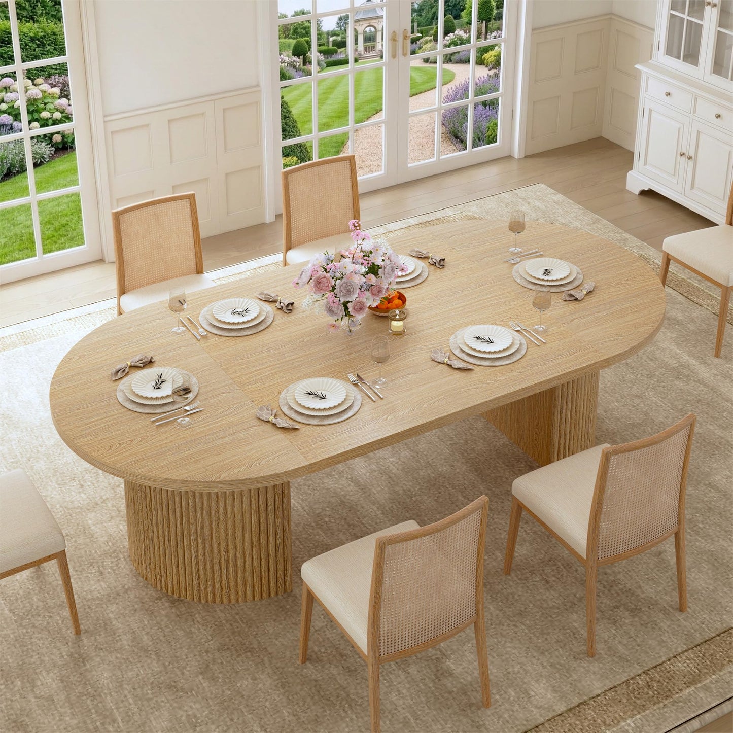 HUAHUU Extendable Round Dining Table for 4-8, 39in-77in Long Large Kitchen Table with Fluted Base, Space Saving Modern Farmhouse Oval Dinner Tables for Dining Room, Kitchen, Living Room, Natural