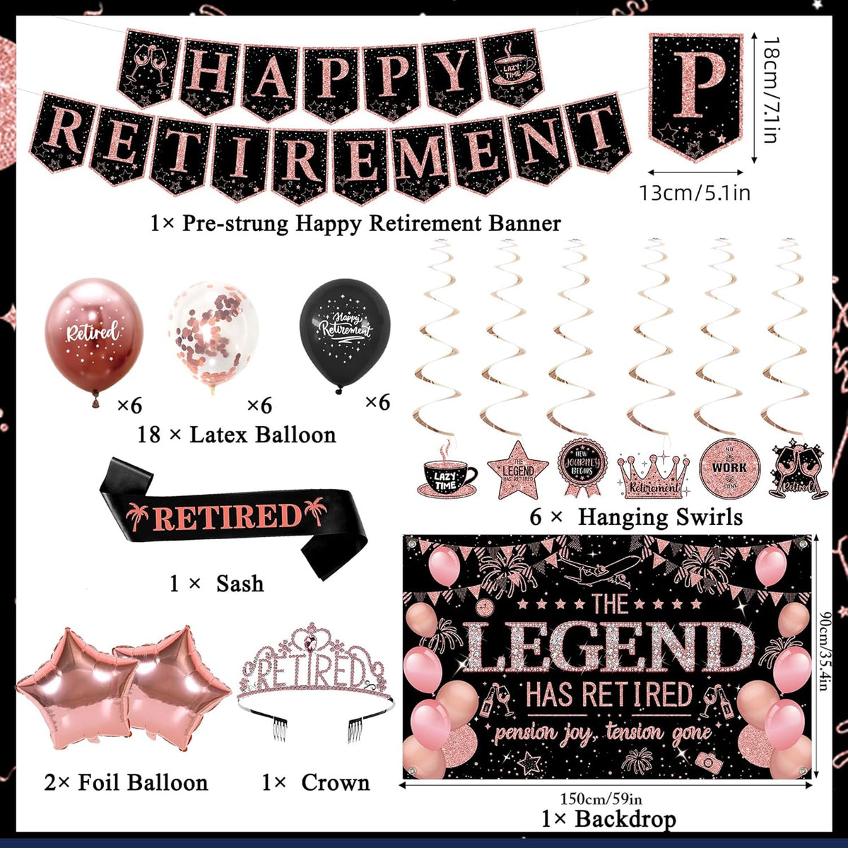 Roetyce Retirement Party Decorations Women, Black and Pink Happy Retirement Banner Backdrop Balloon Hanging Swirls for Coworker, Rose Gold Lengend Has Retired Sash & Crown, Office Retired Background