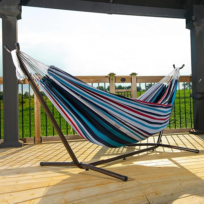 Vivere Double Cotton Hammock with Space Saving Steel Stand, Upgraded Polyester End Strings 450 lb Capacity - Premium Carry Bag Included - (Denim)