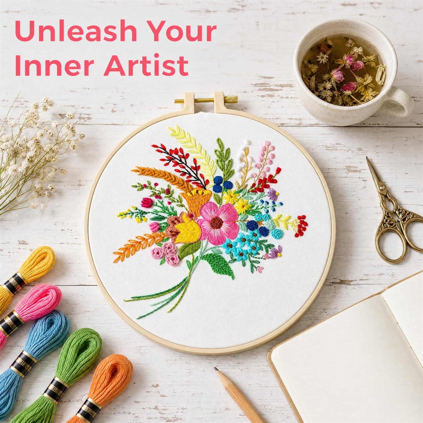 Huacan Embroidery Kit for Beginners Flower Pattern Printed Fabric with Hoop & Full Tools