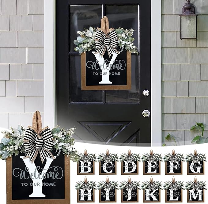 Last Name Year Round Front Door Wreath Front Porch Decoration 26 Letter Welcome Sign with Eucalyptus Garland and Bow Spring Wreaths for Front Door Outside Hanger Garland（Y）