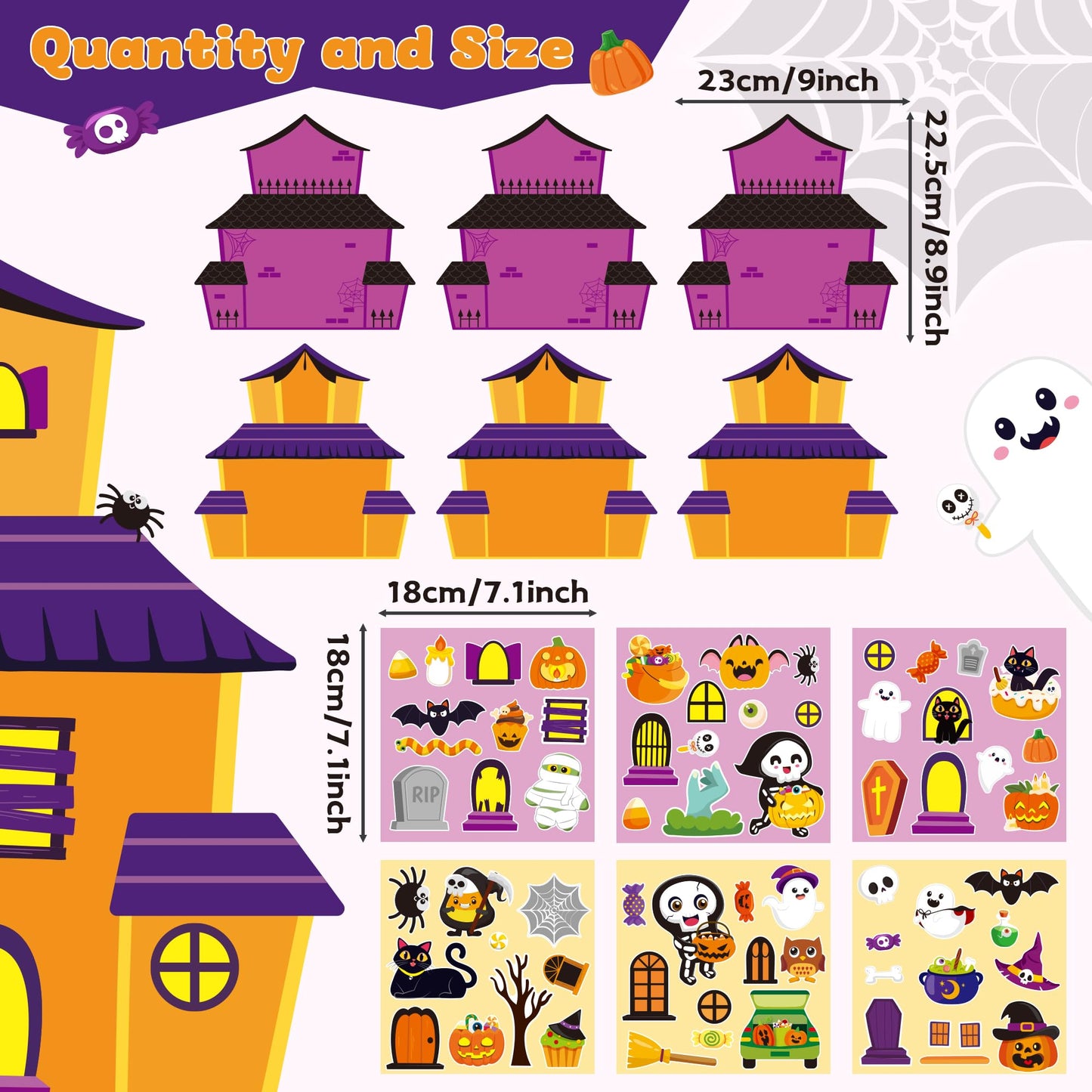 CY2SIDE Halloween Haunted House Stickers - 24 Set Make A Haunted House Craft Kits for Kids, DIY Halloween House Scene With Witch Sticker, Class Activity
