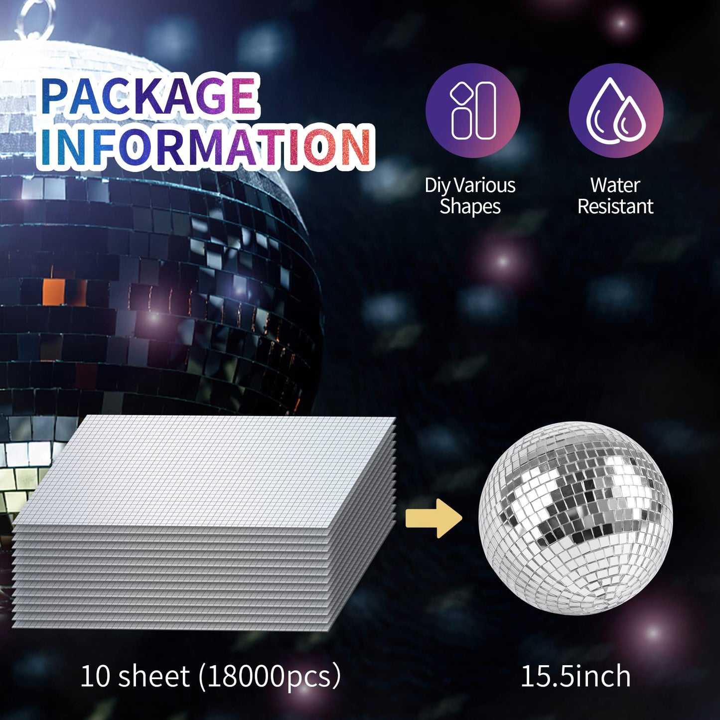 18000 PCS Silver Mini Square Disco Tiles, 5 x 5 mm Self-Adhesive Mirror Mosaic Tiles，Glass Mosaic Stickers for Vases, Cups, Home Decoration