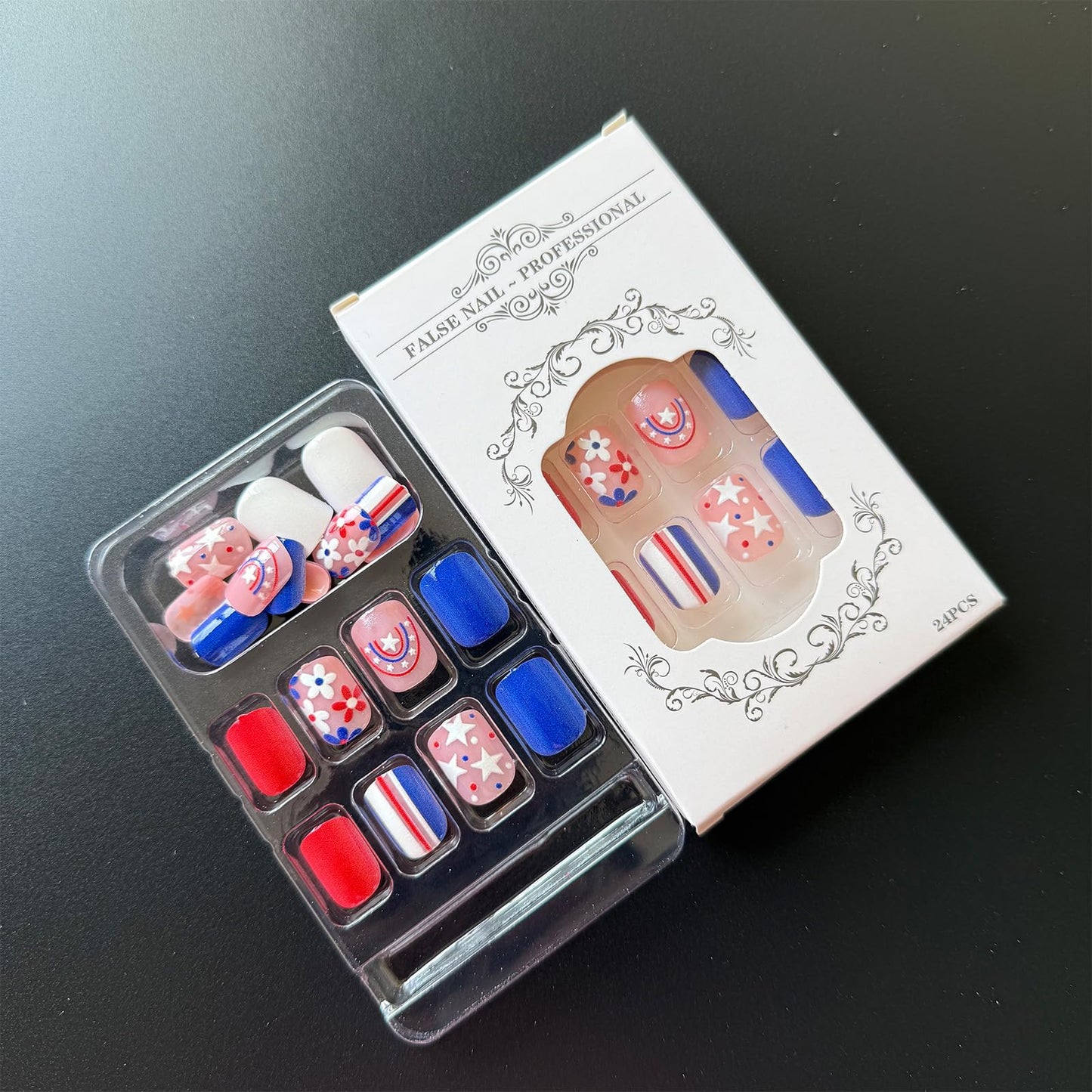 Independence Day Press on Nails Short Square Fake Nails with Star Flower Rainbow Design Red Blue White Glossy Patriotic False Nails Full Cover Stick on Nail for Women Manicure 24Pcs