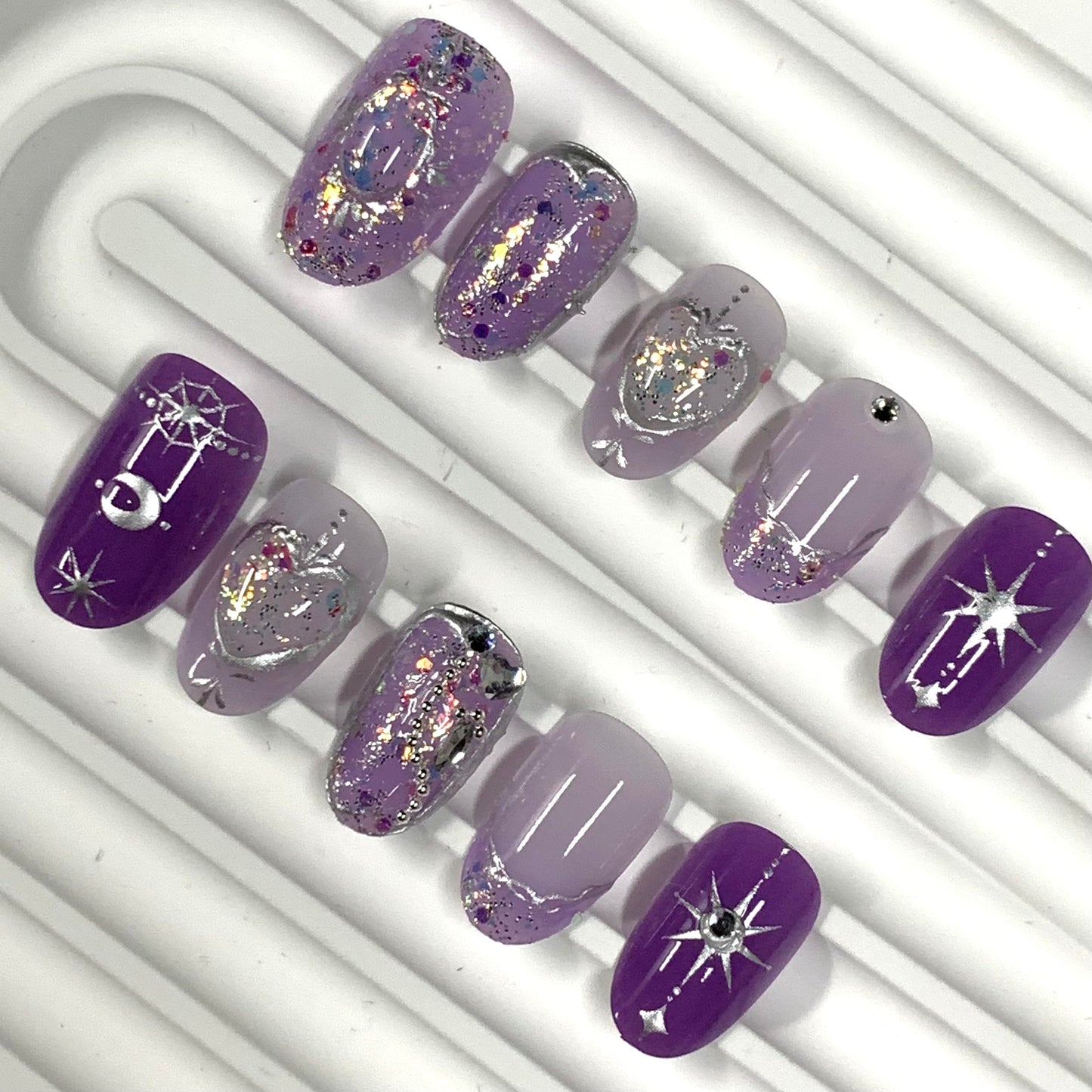 BABALAL Short Round Press on Nails - Purple Fake Nails, Glitter Shiny Design, Heart Moon Star Cute, Y2k Glossy Acrylic False Nails with Charm