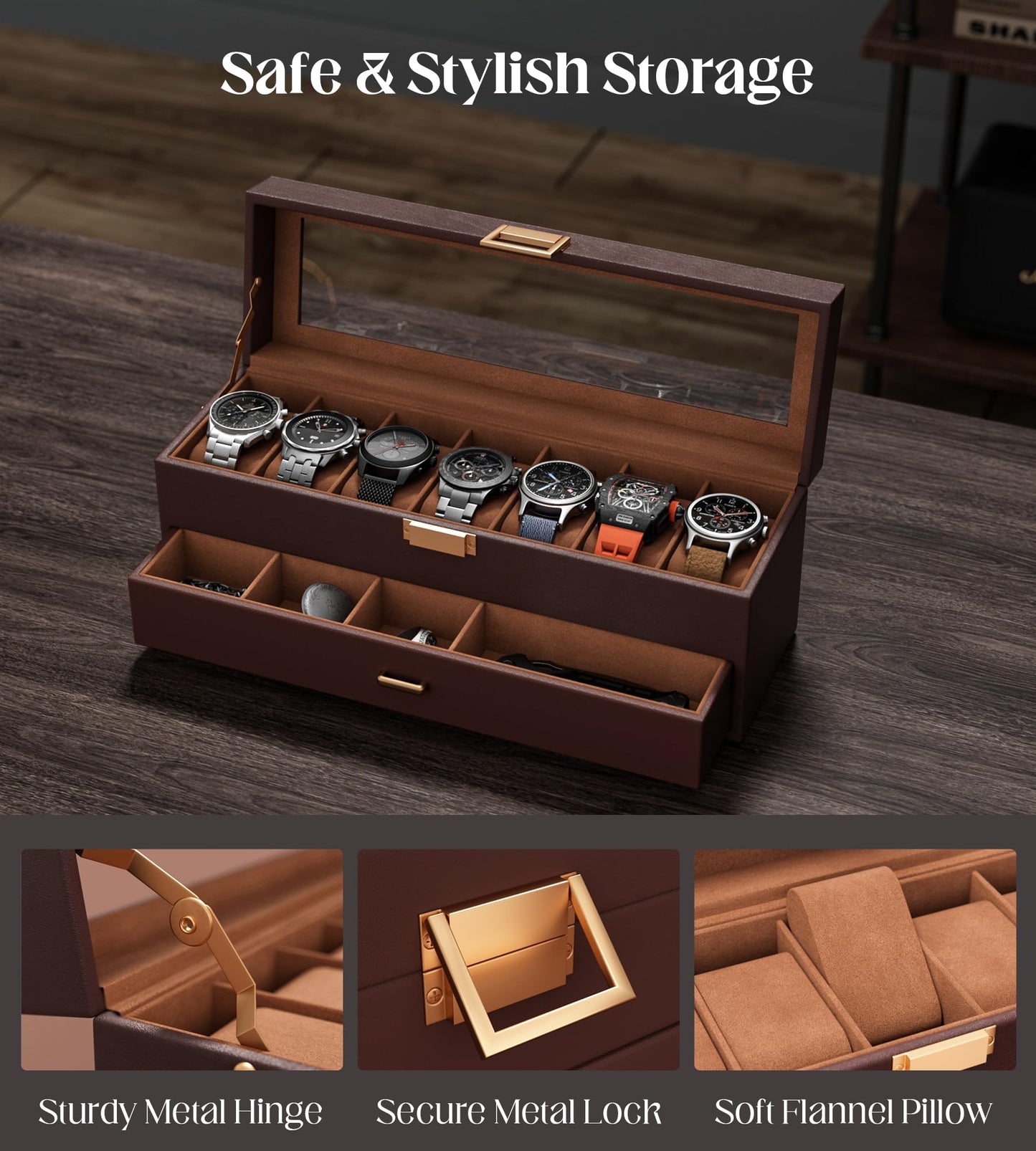 sensok Watch Case Box for Men - 7 SLots Watches Storage Organizer Real-Glass Display Case with Jewelry Drawer 2-Layer PU Leather Collection Holder Gift for Loved Ones Brown