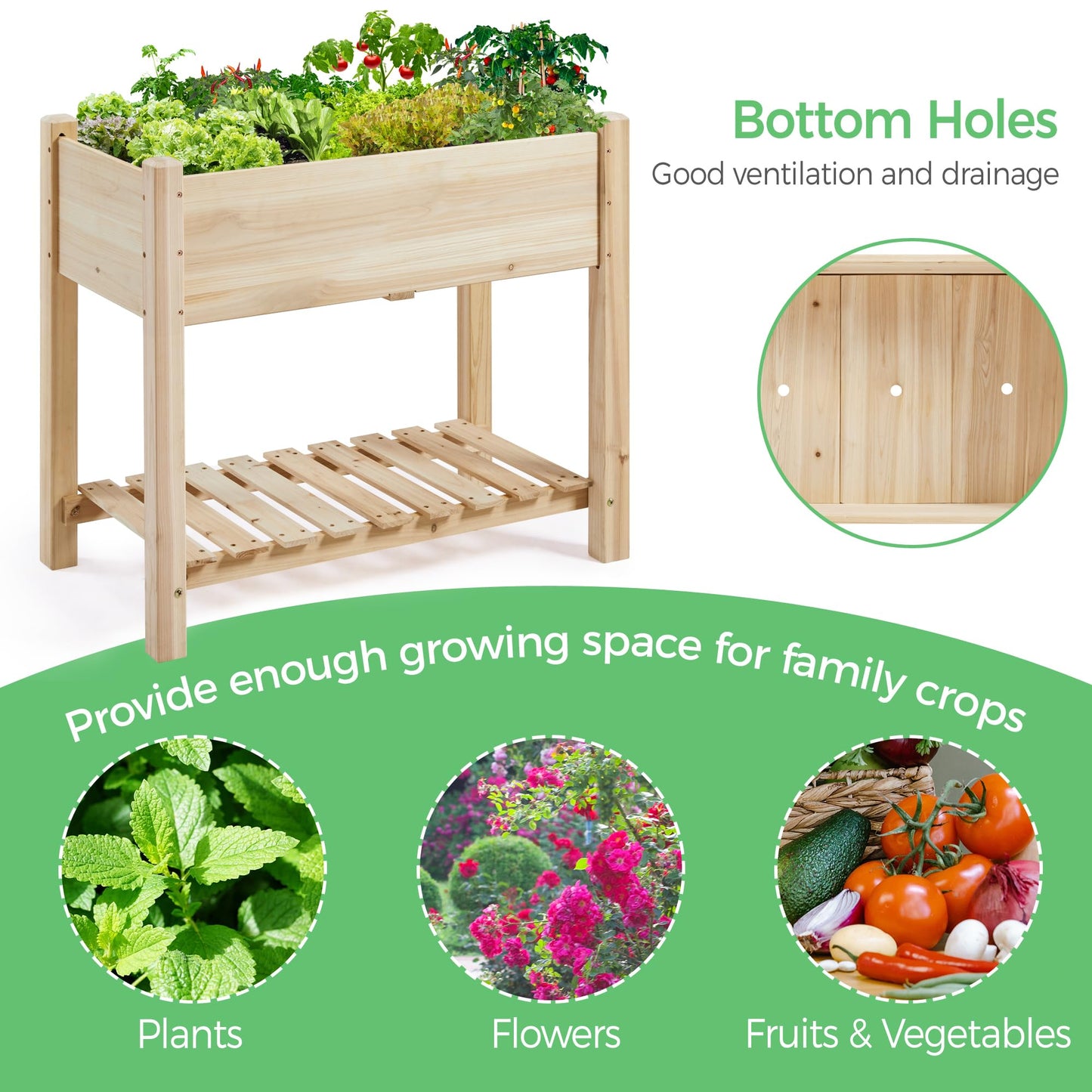 Yaheetech 34x18x30in Raised Garden Bed, Planter Box with Legs & Storage Shelf, Wooden Elevated Vegetable Growing Bed for Backyard, Patio, Balcony