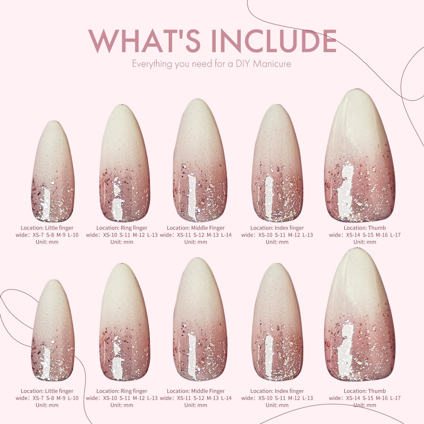 Rosé Sparkle Nude Glitter Press On Nails, 10pcs Elegant Pink Nude Gradient Almond Fake Nails, Soft Glam UV Gel/Acrylic Wearable Nails for Women - 25mm (Multicolor, S)