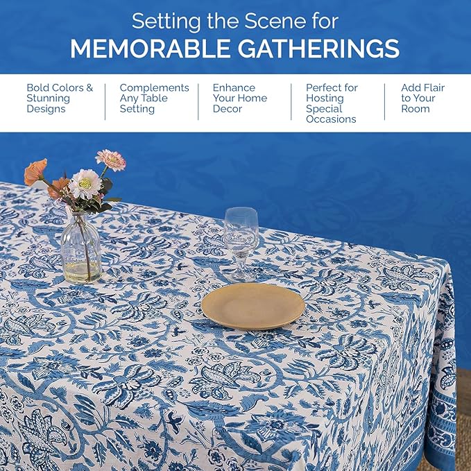 Labhanshi Indian Block Print Table Cloth|Jaipur Rectangle Floral Cotton Table Cover 60x90 Inch 6-Seater Spring Easter Kitchen Dining Tablecloth|Patio Table Cover for Event Wedding Banquet Parties|Blue