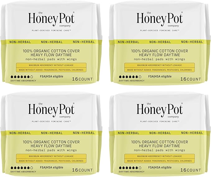 The Honey Pot Company - 64ct - Sanitary Pads for Women - Non-Herbal Heavy Flow Daytime w/Wings - Organic Cotton Cover & Ultra-Absorbent Core - Feminine Care - FSA & HSA Eligible
