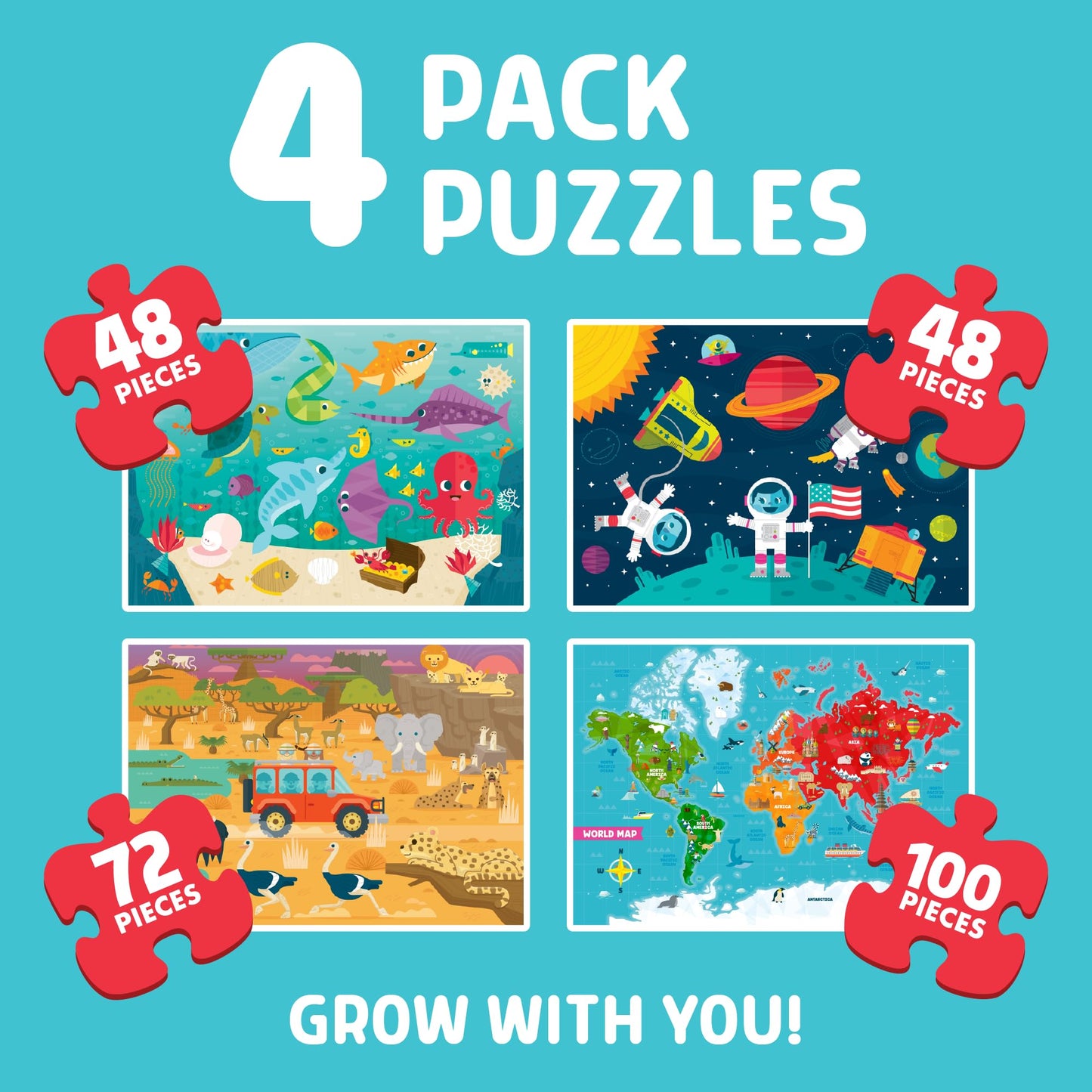 Chuckle & Roar - Space, Ocean, Safari, World Map Puzzles - Engaging and Educational Puzzles for Kids - Larger Pieces Designed for Preschool Hands - 48, 72, 100PC Jigsaw Puzzle Puzzle
