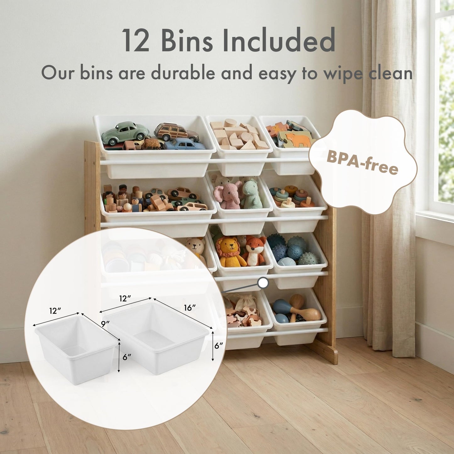 Humble Crew Toy Storage Organizer with 12 Removable Storage Bins for Kids Playroom, 4-Tier Toddler Toy Organization, Natural Wood/White