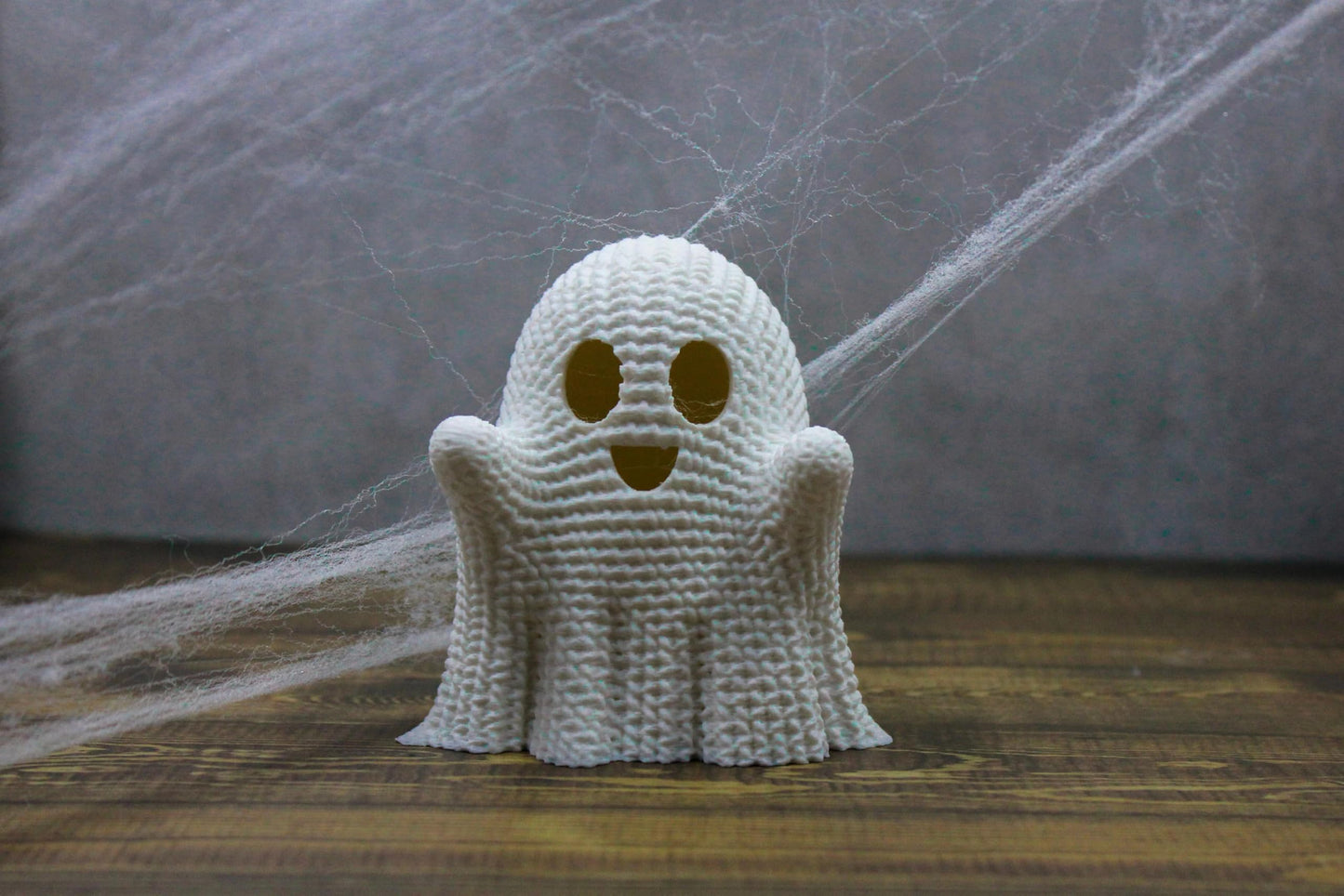 Charming Crocheted Ghost with LED Tea Light – Cute Halloween Ghost Decor – Spooky Crochet Ghost Table Centerpiece – Light Up 3D Printed Decoration for Home and Party Decor