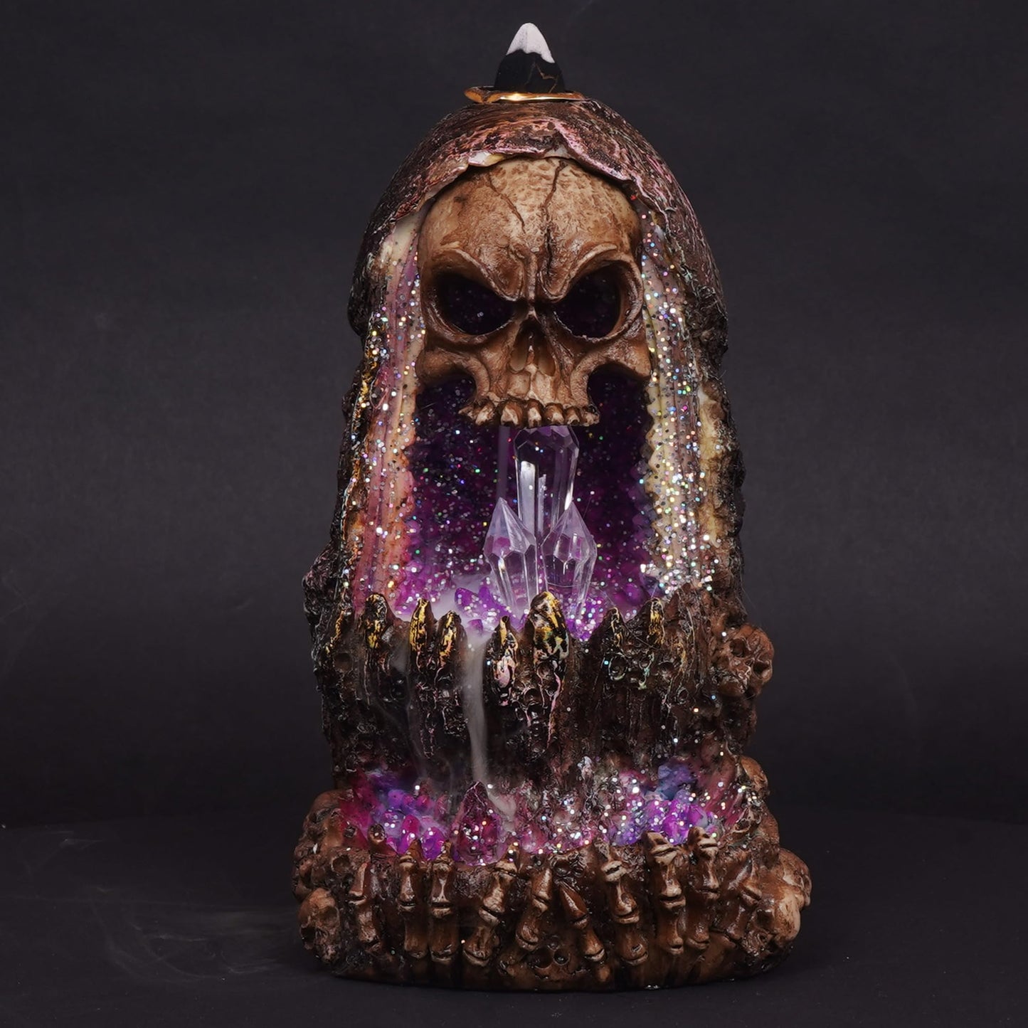 Fantasy Gifts Geode Skull Backflow Burner with LED – 6.5 Inch Crystal Waterfall Décor Accent | Mystical Skull Tabletop Decoration for Meditation, Gothic & Fantasy Home Décor