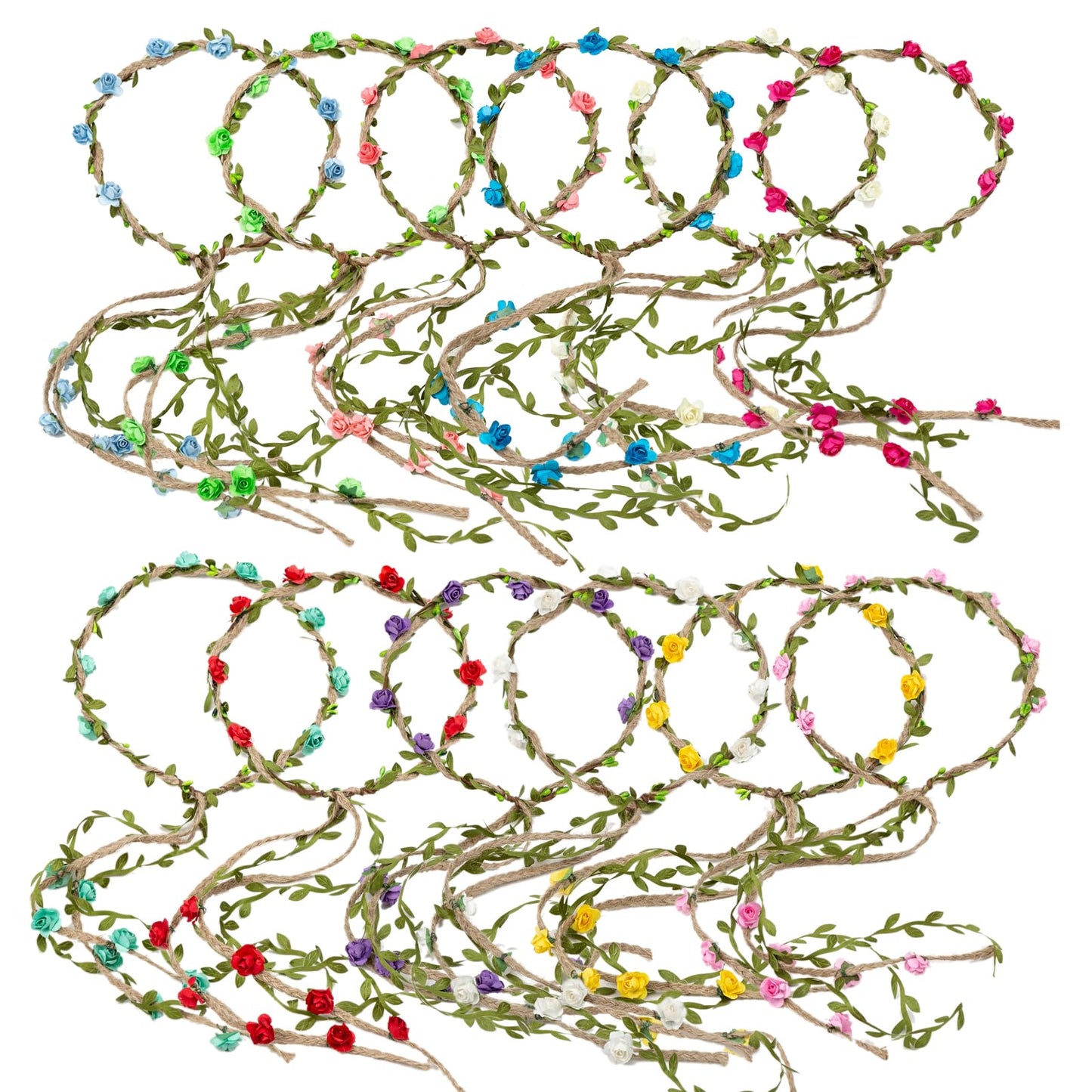 HOPEANT 12PCS Multicolor Flower Crown Floral Headband Wreath Garland Headbands, 16 Pieces Flowers Tie on Ratton and Hemp Rope,Unique Design for Women Wedding Party Photo Props