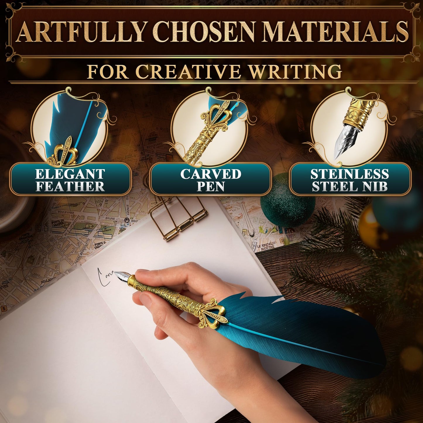 Vintage Feather Quill Pen and Ink Set - Elegant Blue Feather Pen and Ink Set for Signatures, Writing, and Drawing - Calligraphy Kit with Stainless Steel Nib for Beginners and Calligraphy Enthusiasts