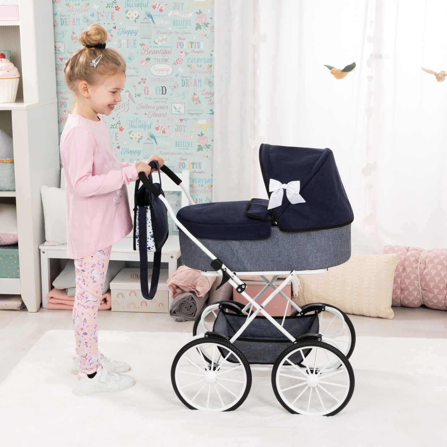 Bayer Design Classic Doll Pram – Navy-Grey-Hearts Stroller, Foldable Carriage with Storage Bag, 18 Inch, Ages 3+