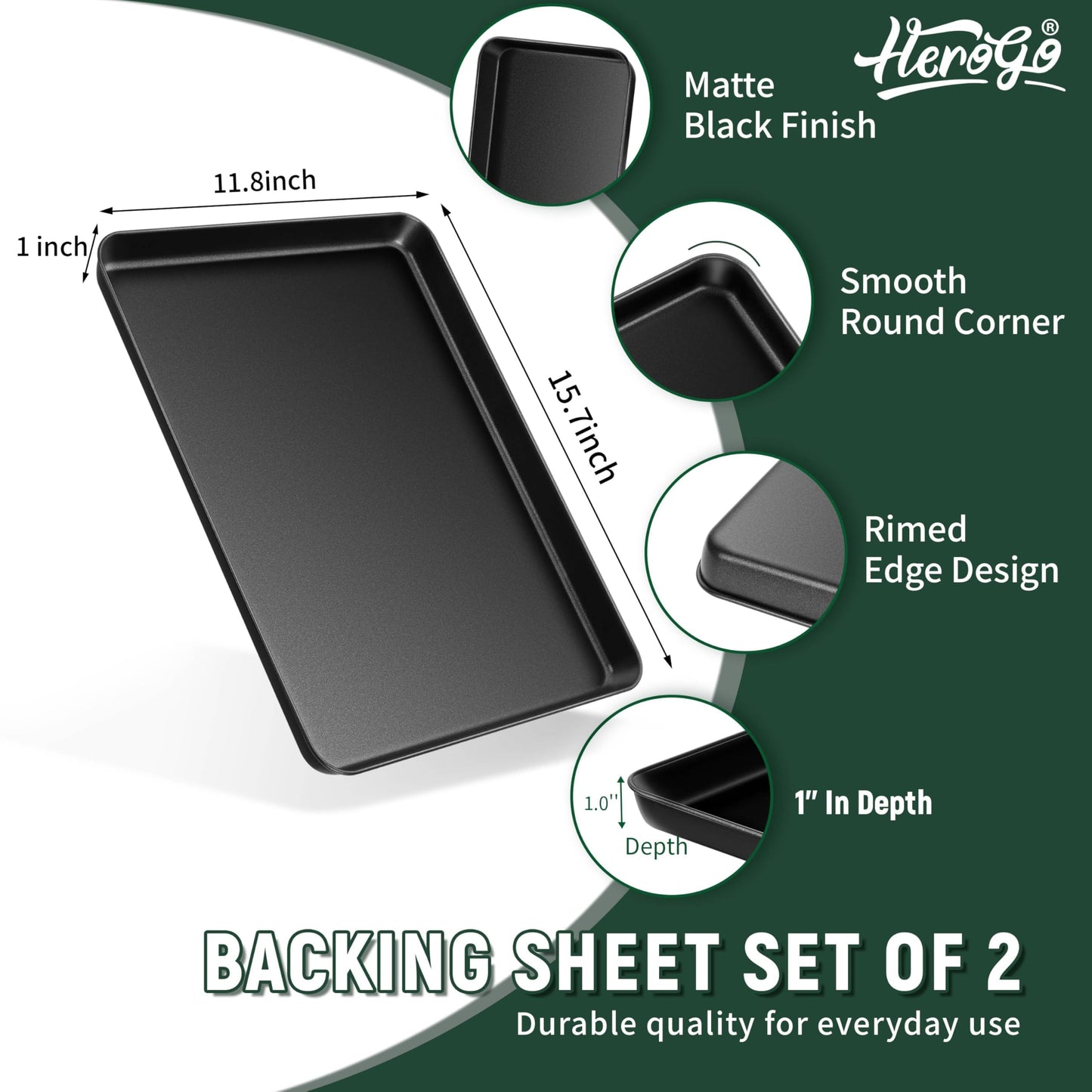 Herogo Nonstick Carbon Steel Baking Sheet Pan Set, 11.8×15.7×1 Inch Rectangle Cookie Sheet Bakeware Set for Oven, 2 Pack Multipurpose Kitchen Cookware, Non Toxic & Heavy Duty & Easy Clean-Large