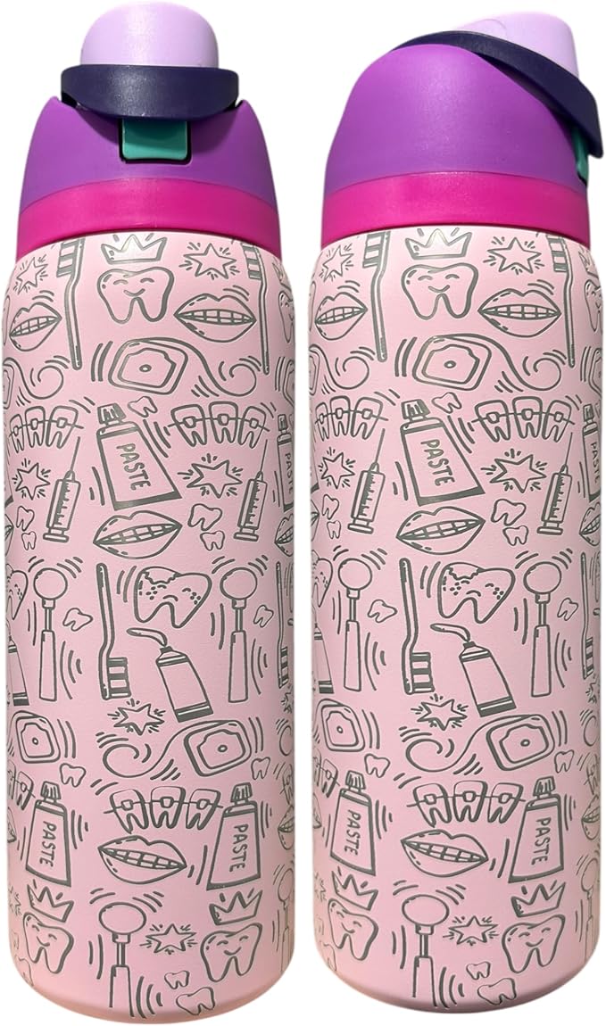Dental hyginiest tumbler 40oz tumbler Tooth tumbler Dental water bottle Gift for dentist Gift for dental hyginiest Office gift (Light pink/Purple lid 32oz-Dental(K))