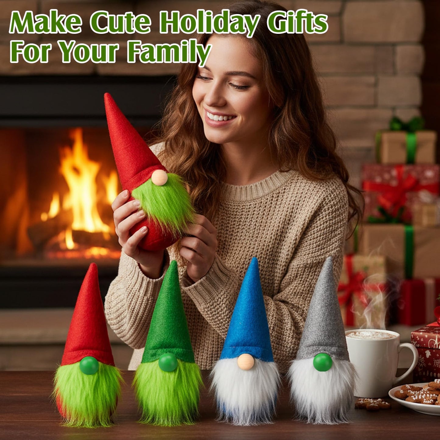 Tudomro 15 Pcs Gnome Beards for Crafts Valentine's Day Faux Fur Fabric Precut Gnomes Beards Handmade 30 Pcs Wood Balls for Christmas Halloween Easter Independence Day(White,Green)