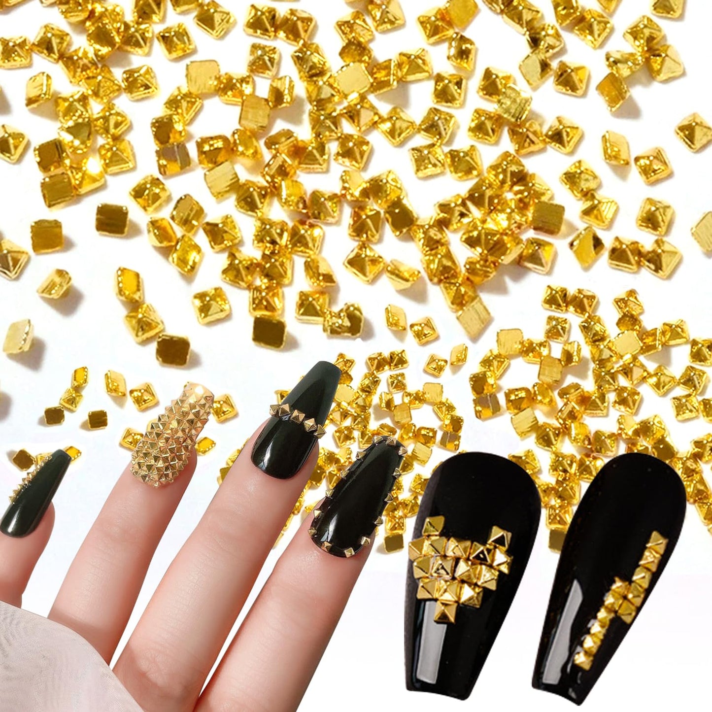 WOKOTO 600 PCS Gold Punk Pyramid Nail Charms, 3D Gold Pyramid Rivet For Nails, Metal Punk Nail Studs, Gothic Nail Charms, Cone Studs