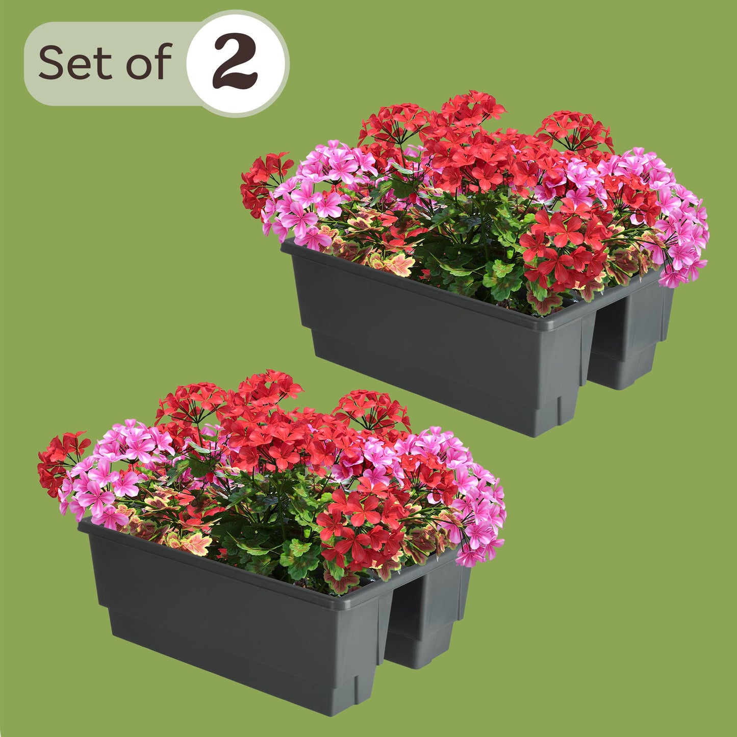 Railing Planter Box 2-Pack - 20.75-Inch Flower Boxes with Removable Drainage Inserts - 6-Gallon Outdoor Planters for Porch, Deck, or Balcony Decor, Fits Rail 3” - 4” by Pure Garden (Gray)