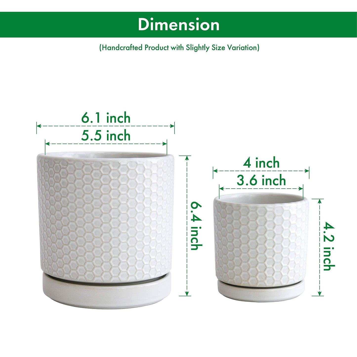 D'vine Dev Set of 2 Modern Matte White Honeycomb Embossed Ceramic Planter Pots with Saucer and Drainage Hole, 4 Inch & 6 Inch, 99-C-1-N