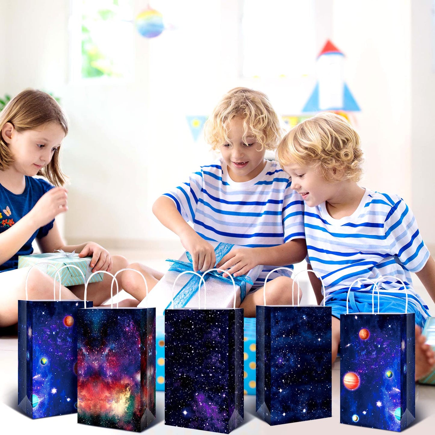 Nezyo Outer Space Present Bags - 24 Pack Galaxy Gift Bags for Kids' Space Theme Party Supplies(Galaxy Style)